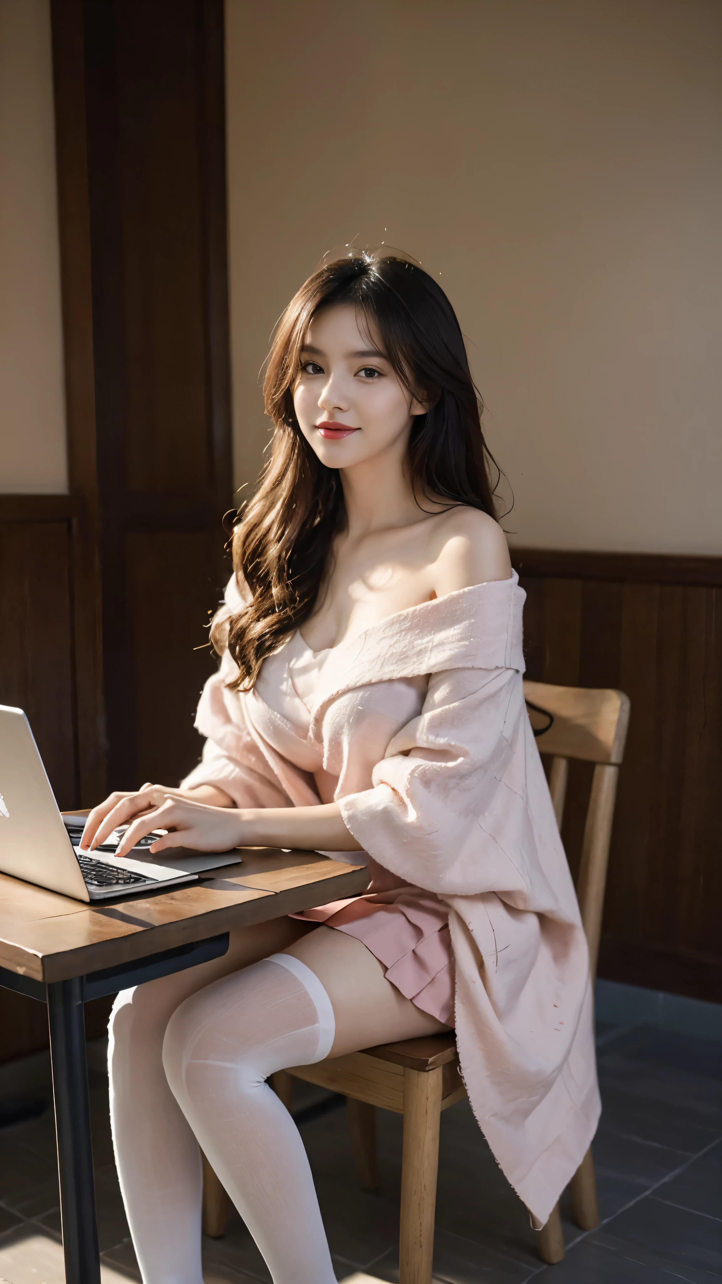 A perfect young female white-collar worker,Chinese big breasts,High picture quality,Works of masters,Black hair,Long hair shawl,Long hair flowing over the shoulders,Beach wave hairstyle,cropped shoulders,clavicle,exquisite face,Hydrated red lips,((Wear colorful and stylish summer sailor suits))(red colour,blue colors,green color,Violet-orange,In pink,amarelo,Printed clothing),Kurfo,,Colorful pleated skirt,Shadow lace skirt,Sparkling gemstone dress,Lightning astral dress,lumnious,white stockings,Lace material,Silk clothing,Real Human,(tree and book background:1.5),CG rendering,16k,sitting at the table,Holding a laptop in hand,hand typing on laptop keyboard,look ahead,blurred background, (full body shot), Shooting from a distance,eyes look straight into the lens,smiles,Empty interior,Do not show your hands,Close-up shot