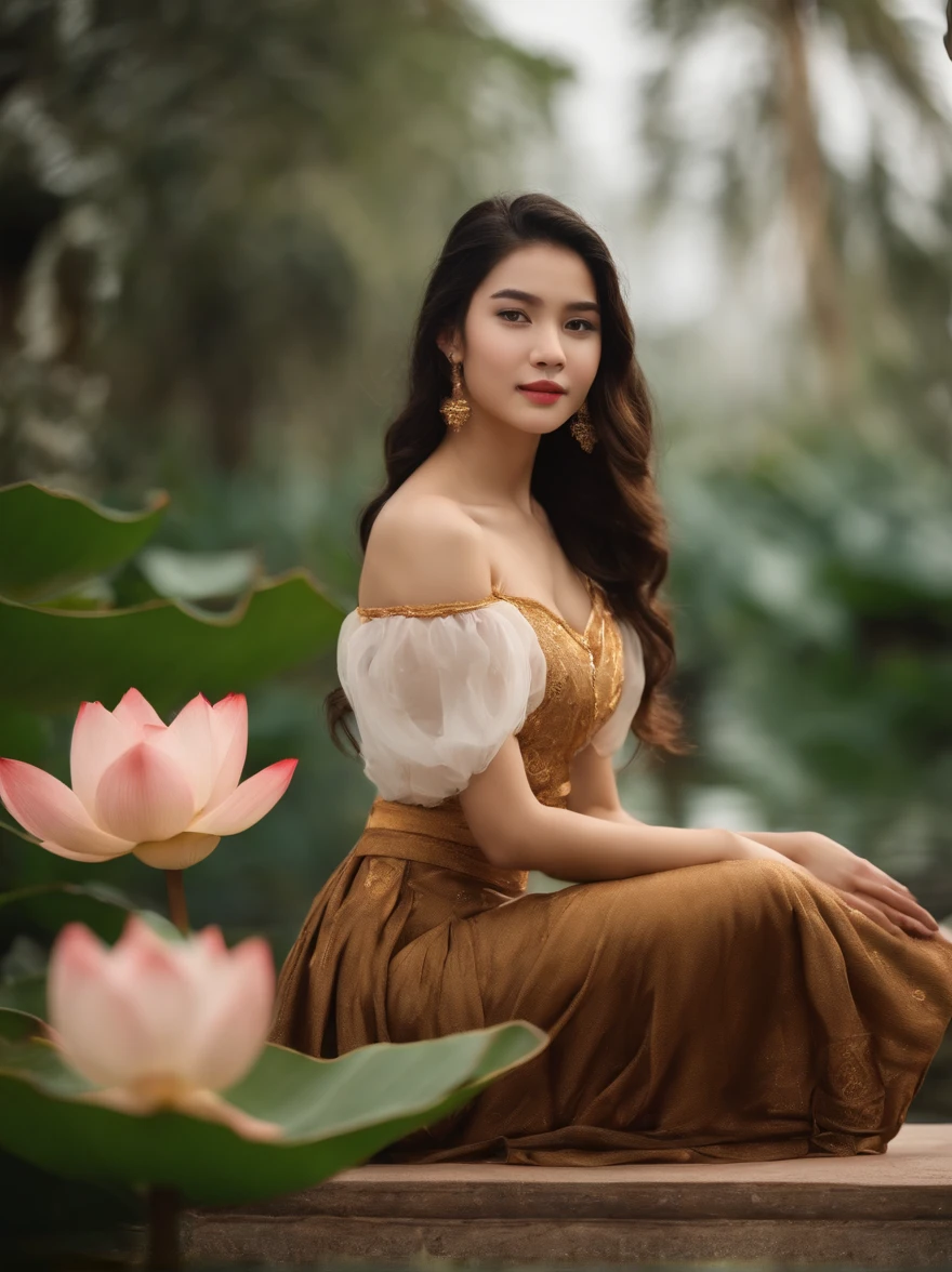 Beautiful 16-year-old princess sitting on a lotus flower,Wear a delicate gold crown.,Beautiful Thai Girl,Squeeze the flower stem with one hand.,The other palm is facing outwards.,Light brown dress,Barefoot on both feet.,Like hibiscus in water.,The corners of the mouth are slightly inverted.,Look at the camera with a gentle expression.,Spectacular and noble costume,8k wallpapers,Amazing cleavage,master-piece, Revered Goddesses,A beautiful dream world,
