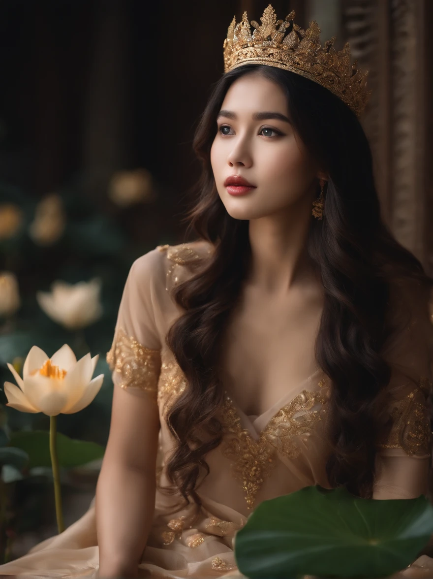 Beautiful 16-year-old princess sitting on a lotus flower,Wear a delicate gold crown.,Beautiful Thai Girl,Squeeze the flower stem with one hand.,The other palm is facing outwards.,Light brown dress,Barefoot on both feet.,Like hibiscus in water.,The corners of the mouth are slightly inverted.,Look at the camera with a gentle expression.,Spectacular and noble costume,8k wallpapers,Amazing cleavage,master-piece, Revered Goddesses,A beautiful dream world,