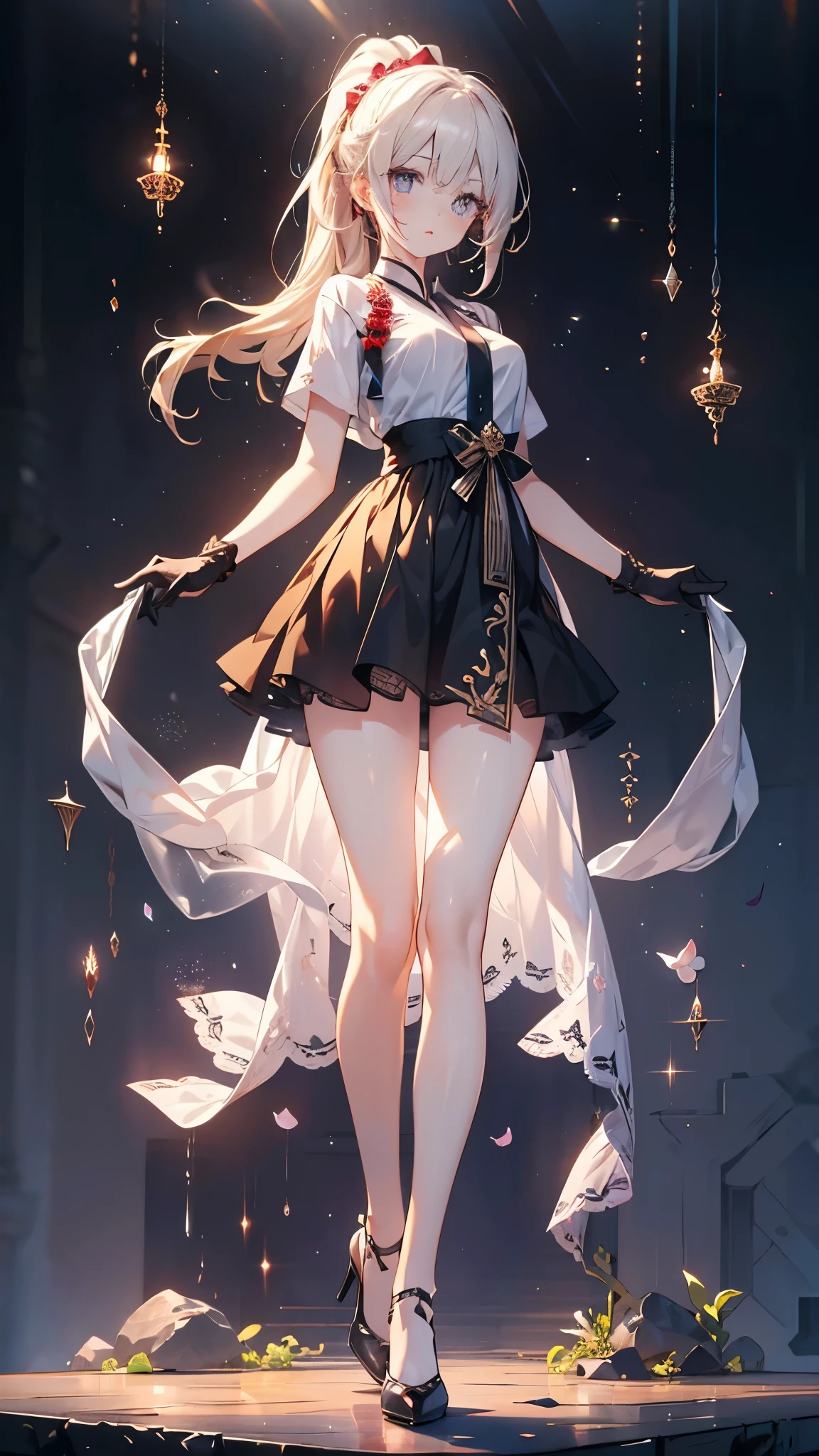 a girl，sheep&#39;horn, full color, long white hair, Red眼睛 ，Eyeliner, black transparent clothes, Red, open air, Rose, night, ruins, Butterfly，mine same as the original, mine, , (:1.2) rest, (Black long skirt), (view from below), (Put your arms behind your back), (wild lift), thin dress,, 最good quality, High resolution, unified 8k wallpaper, (illustration:0.8), (beautiful and delicate eyes:1.6), extremely detailed face, perfect lighting, Very detailed CG, (perfect hands, perfect anatomy),，blond，red lips，Acting cute，long hair马尾，High heel，good quality, absurd, Super detailed, holographic,, dynamic poses, golden ratio, 超级Lovely女孩, mature girl, extremely beautiful,，With super beautiful purple eyes, Super beautiful white hair, shiny skin, high ponytail, Good and harmonious , Slender and delicate figure, Perfect body, (Wearing a short white top,) Lovely，Full body shot，long hair，shoes，black skirt, short sleeves，messy hair, black gloves,,Fade the background,Full body photo of the individual,cartoon，t-shirt，Eyes with highlights，leg rings