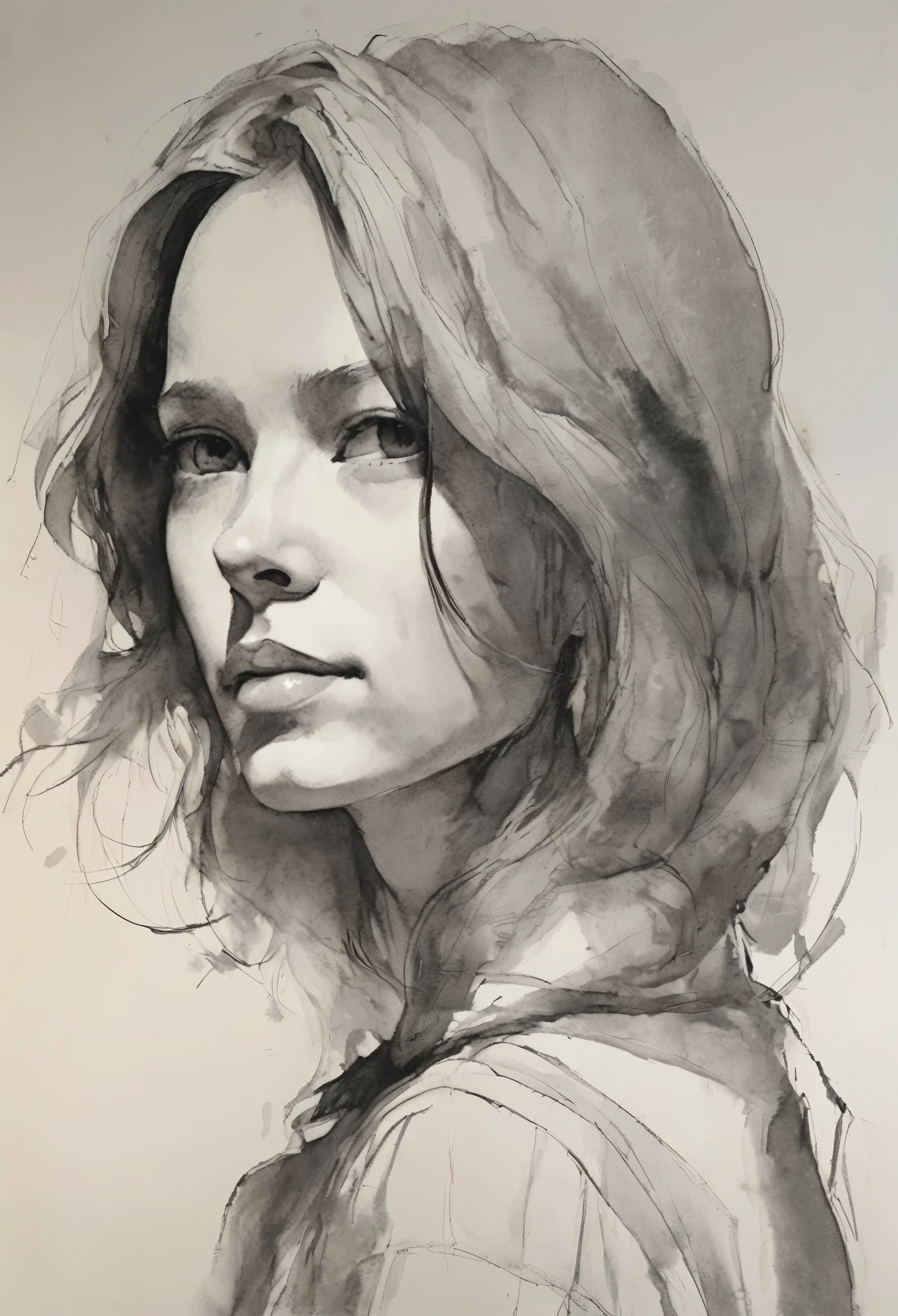 (highest quality, High resolution, masterpiece:1.2), Super detailed, actual:1.37, Black ink sketch, smooth lines, Expressive facial expressions and gestures, simple background, Emphasis on light and shadow and spatial perception, Plenty of negative space, young girl.Ink Portrait,smooth lines,Expressive facial features,Subtle emotions,Ink strength comparison,simple background,Emphasis on light and shadow,wide々It was,Plenty of negative space,peaceful atmosphere,peaceful atmosphere,feels like a dream,Delicate yet fascinating details,pastel colour,Calm and introspective,An elegant gesture,Gentle movements,Calm and innocent,Elegant Whisper,quiet and elegant,shining,sublime beauty,Vector illustration,black and white,Natural and Organic,Nourish、Calming the mind,Sublime simplicity,fantastic charm.