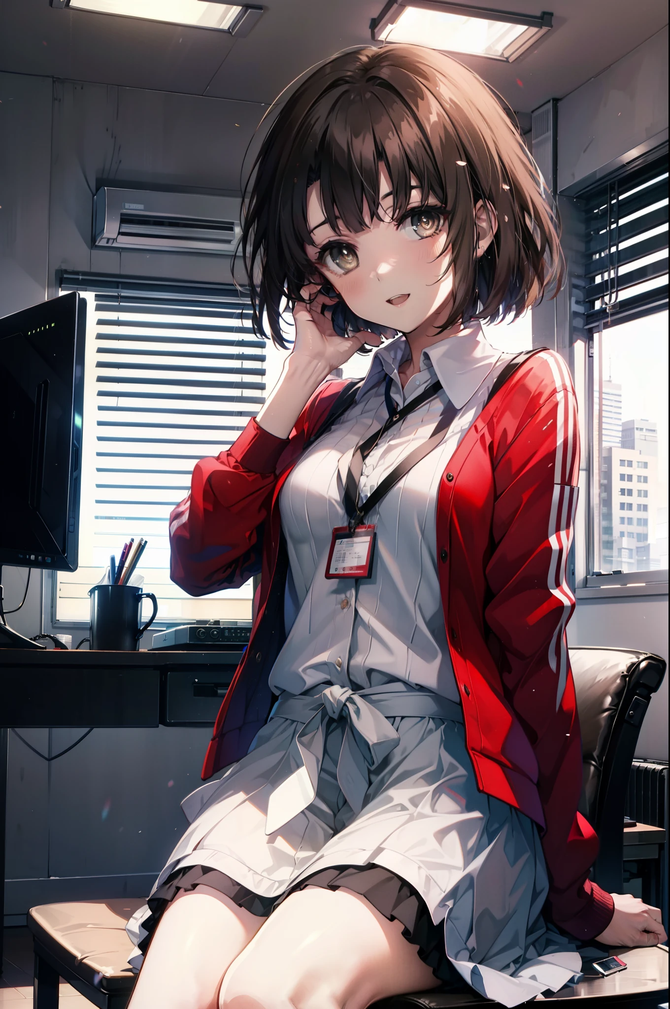 katoumegumi, megumi katou, brown hair, short hair, (brown eyes:1.5),happy smile, smile, open your mouth,OL, red glasses, end, black suit jacket, collared jacket, white dress shirt, collared shirt, neckline, button, strap, ID card on neck, black pencil skirt, black pantyhose,stiletto heels,sitting cross-legged on a chair,There is a computer on the desk,touch typing,インテリア
break looking at viewer,(cowboy shot:1. 5)
break indoors, office,
break (masterpiece:1.2), highest quality, High resolution, unity 8k wallpaper, (shape:0.8), (fine and beautiful eyes:1.6), highly detailed face, perfect lighting, Very detailed CG, (perfect hands, perfect anatomy),