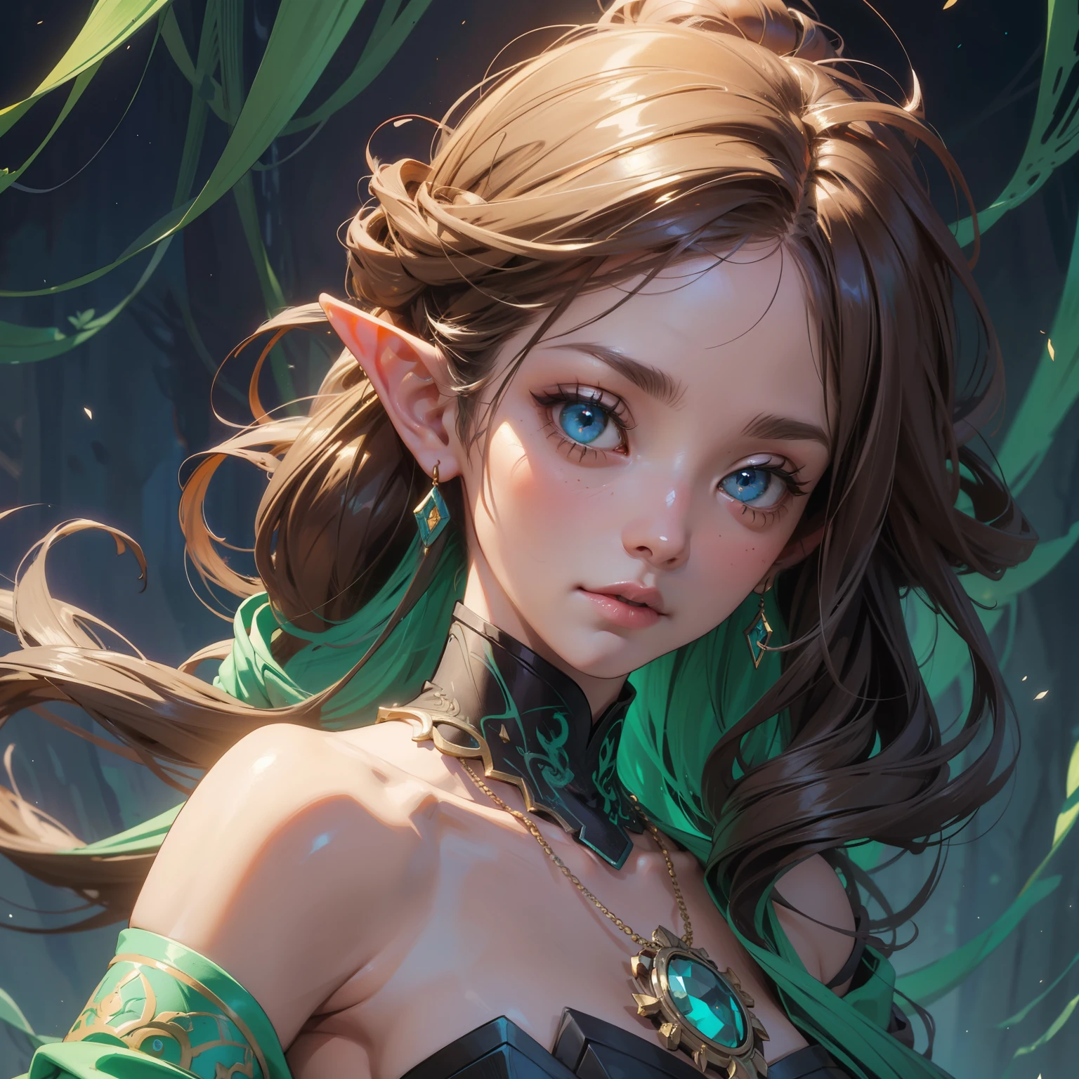 elf girl, concept art, 8k intricate details, surreal fairytale style, head tilt, oversized detailed {purple|green|blue|hazel|} eyes, looking down, seductive, forest background,textured hair, simple {charcoal|white} background, soft muted pastel colored pencil illustration, intricate gold filigree necklace, from side, multicolored {brown|black|white} hair, wispy curled hair, style of Carne Griffiths, (unfinished sketch), smudged edges