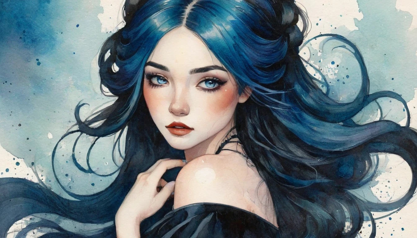 a watercolor painting of a woman with long black hair and a black dress, girl with blue hair, style of charlie bowater, jen bartel, in style of charlie bowater, woman with black hair, in style of anna dittmann, charlie bowater rich deep colors, inspired by Jeremiah Ketner, inspired by Harumi Hironaka