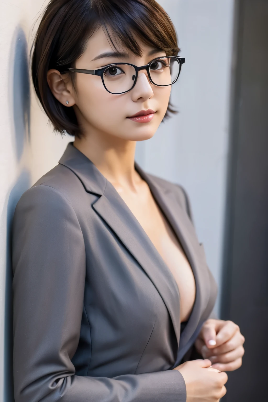Secretary, gray suit, medium breasts, short hair, sexy, glasses, beautiful, bare chest, touching glasses