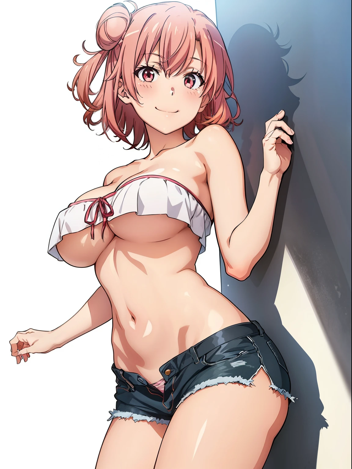 ((masutepiece, Best Quality, hight resolution, nffsw, Perfect Pixel, depth of fields, 4K, )), 1girl in, Solo, , Beautiful anime girl, Beautiful Art Style, close up, Looking at Viewer, Perfect body, Yuigahama Yui, Short hair, single hair bun, pink hair, (large boob), Full face blush, Smile, thighs thighs thighs thighs, tube top, under boob, shorts, hugging, white background, cowboy shot, Focus,