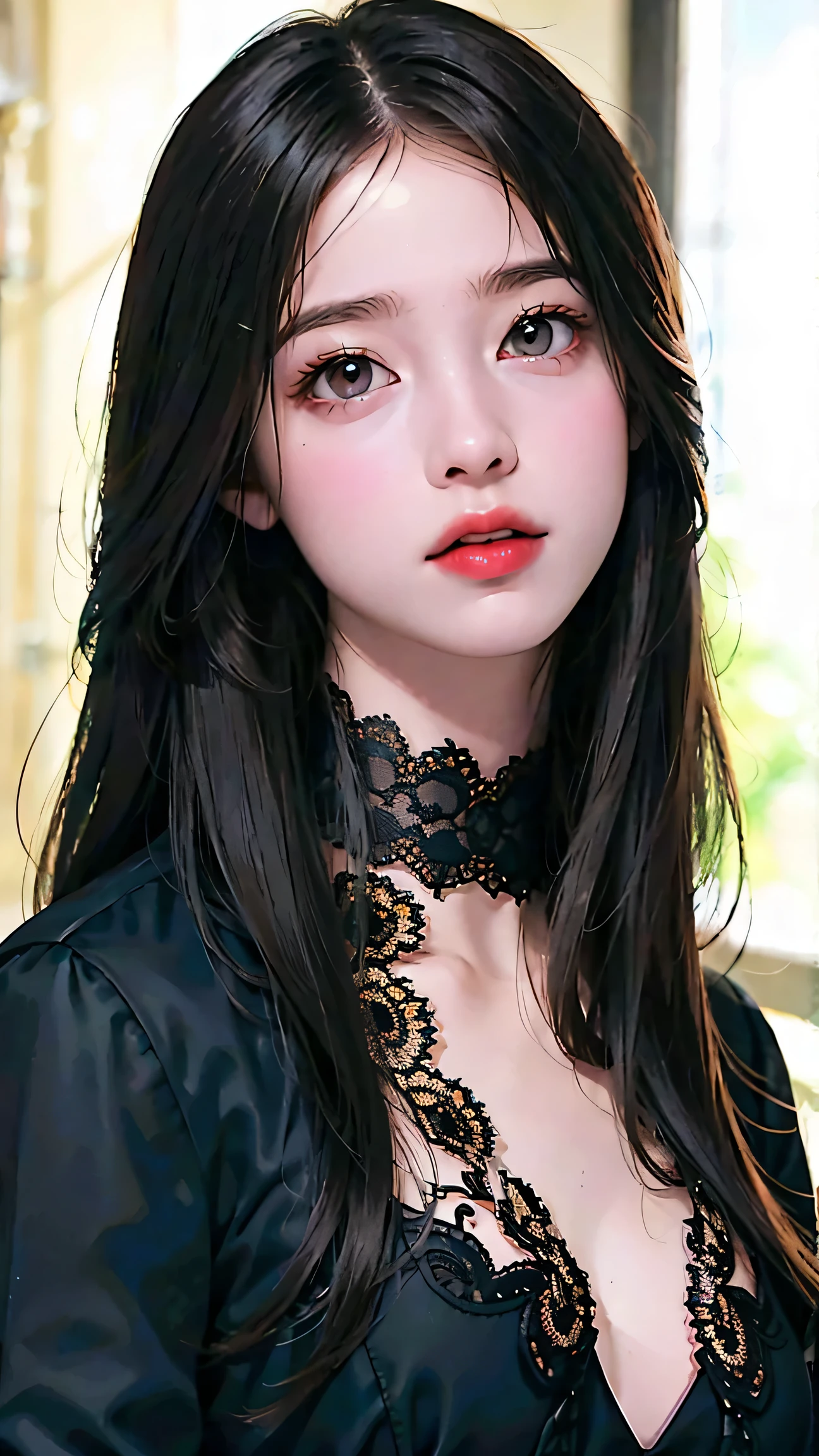 Beautiful girl with realistic black eyes, pale skin, long black hair, perfect face, perfect eyes, ((wearing a black coat)),((A tight lace dress with a plunging neckline)) very detailed, comprehensive movie, digital painting, 8K, cinematic lighting, highest quality, High resolution, well done!, Post-processing, perfect result, surreal,(((revealing clothes))),big breasts,choker, that'Transparent