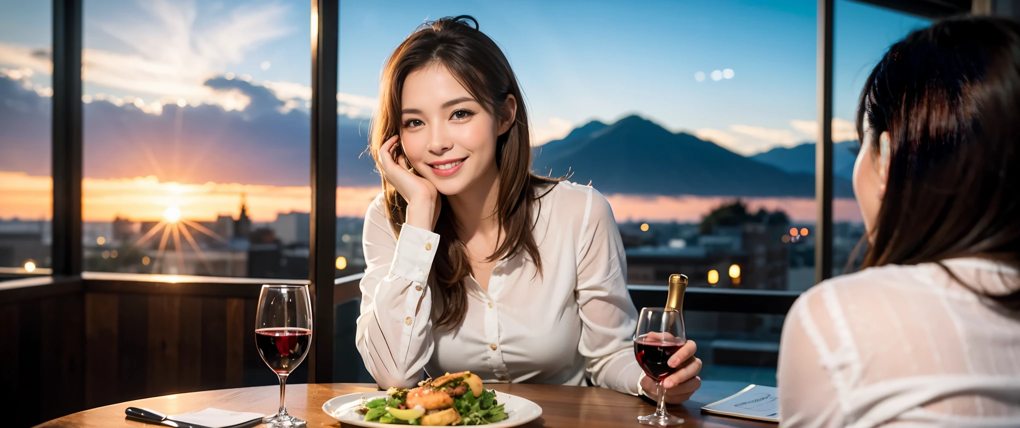 ((highest quality、8K、masterpiece:1.3))、Beautiful woman perfect body:1.4、slimなボディ、((Bob Hale、straight hair:1.2))、 ultra high resolution, bright image、2. Wine Beauties, beautiful face, blue eyes, fine eyes, light shines on your face, blush your nose, short hair,Spectacular view of the sunset sky and clouds、Amazing mountain views、ニコニコ明るいsmile、smileの素敵な女性、bright face、Fox face、lady、Champagne、Wine bottle、wine glass、red wine 、Appetizer、Italian food、two beauties、brown hair、shortcut、long sleeve shirt、winter fashion、dress、wine bottle、sparkling wine、Pretty Woman 1, (slimな顔), (brown hair), (shortcut), cheeks turn a little red, (42 years old), 39 years old, charming beauty、restaurant, nova frog style, actress, model, Upper body, White wine, slim, wine glass, 真ん中に置かれたwine glass, smile, (smile: 1.15), 綺麗なfine eyes, Strong light and shadow,moist body:1.5、delicate eyes、brown hair、The hair is very shiny、