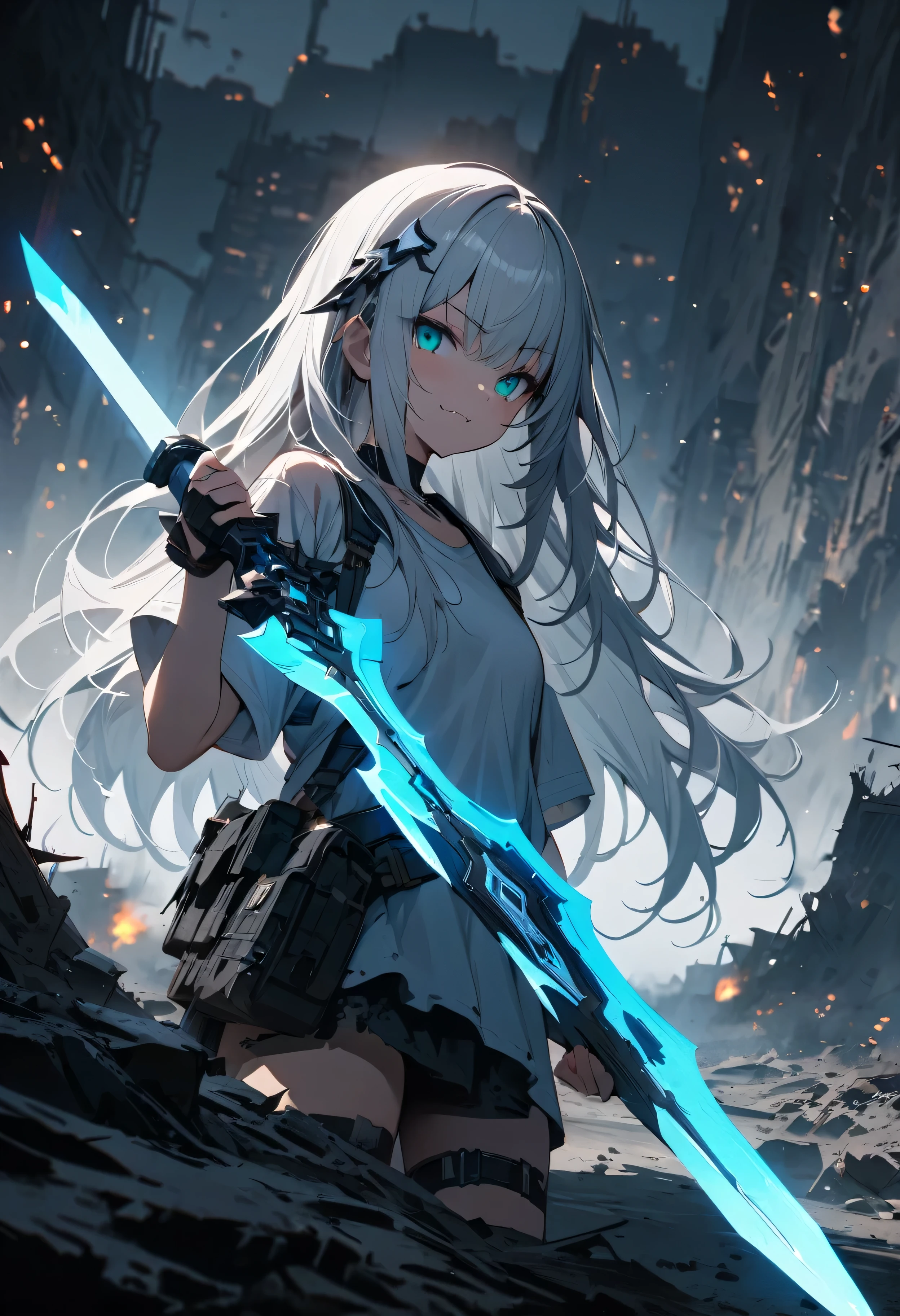 Resolution full, best quality, masterpiece, full HD, foggy theme, super detailed, beautiful girl. Cute girl. 1girl. White hair, long hair. Bangs.  detailed beautiful aqua eyes. White hair ornament. White T - shirt. fangs. in wasteland, in burning city, holding glowing sword, shadows surroundings girl, has a lighting power