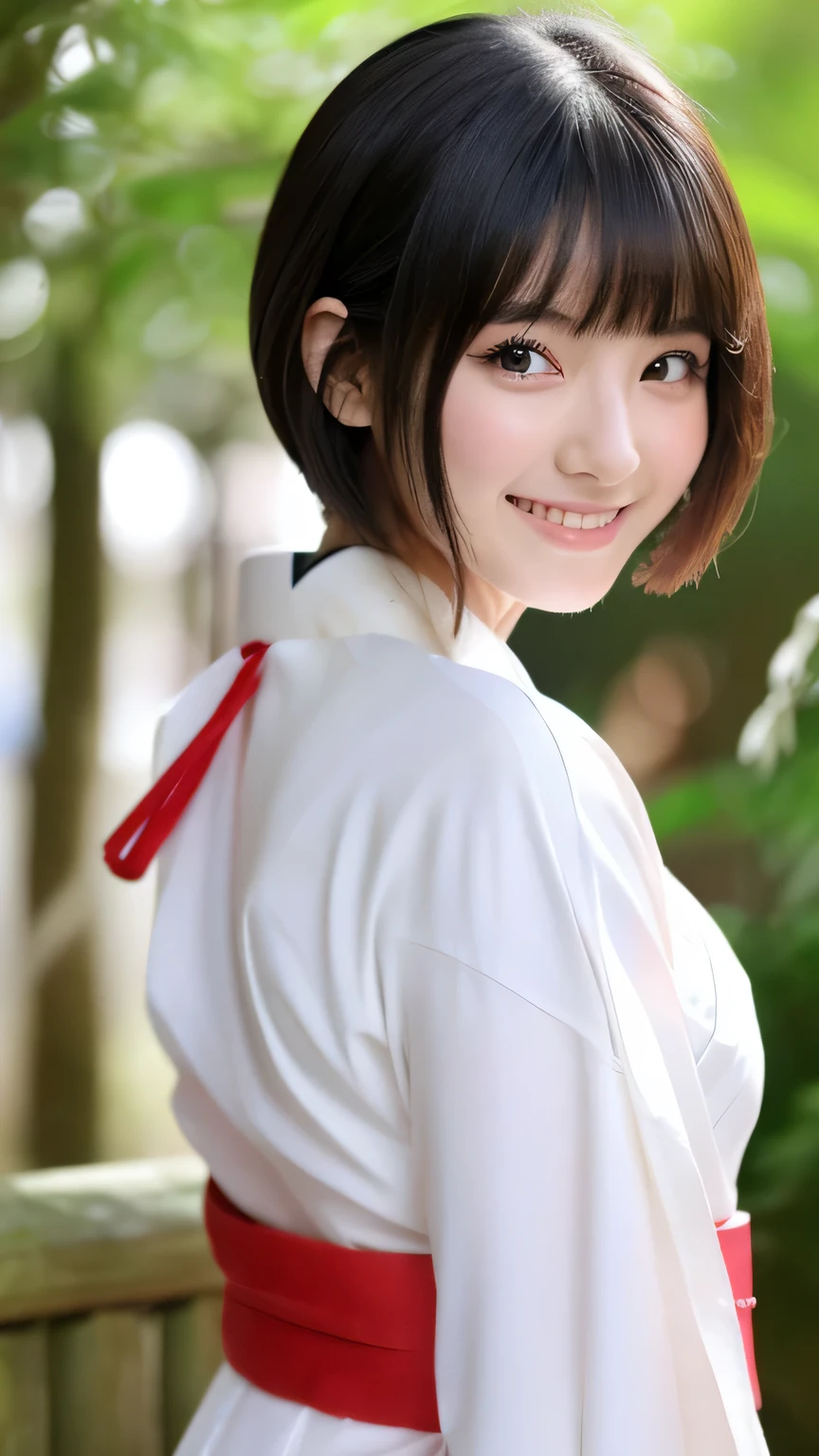 (white kimono and red long skirt、Slim, and short hair,,、Close-up of a girl with blunt bangs:1.5)、(In the precincts of a Japanese shrine wearing a white kimono and long red skirt、The girl turns around with a smile:1.5)、(beautiful blue sky :1.3)、(perfect anatomy:1.3)、(full finger:1.3)、(8K:1.3)、realistic photo、table top、highest quality、High resolution、delicate and beautiful、perfect face、detailed and beautiful eyes、Fair skin、real human skin、((thin legs))、(black hair)