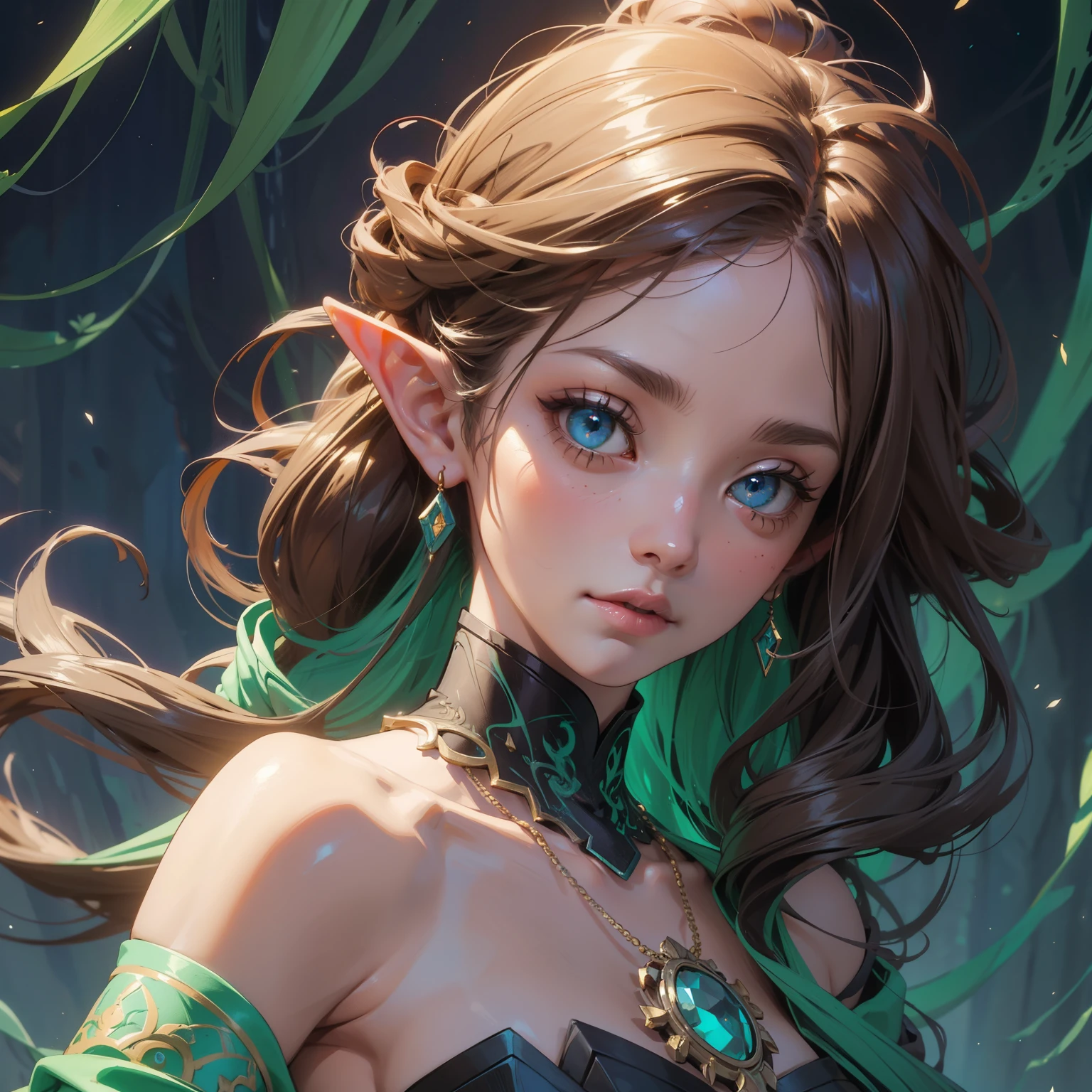 elf girl, concept art, 8k intricate details, surreal fairytale style, head tilt, oversized detailed {purple|green|blue|hazel|} eyes, cool random background, looking down, seductive, textured hair, soft muted pastel colored pencil illustration, intricate gold filigree necklace, from side, multicolored {brown|black|white} hair, wispy curled hair, style of Carne Griffiths