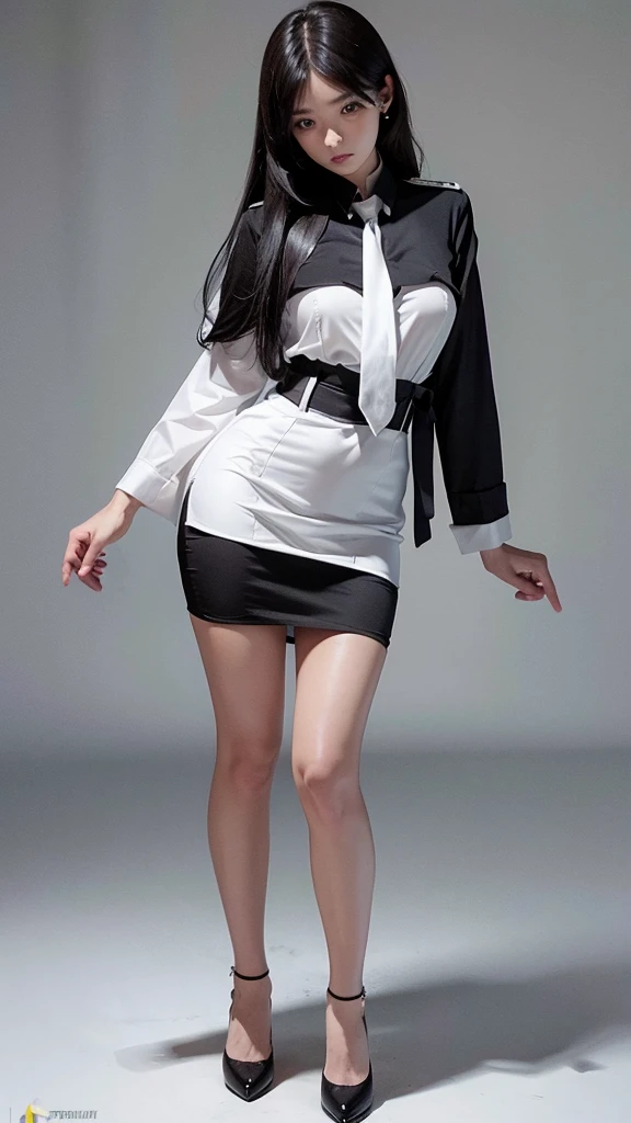 Beautiful girl with two meter long hair, long black hair, (white women&#39;s suit), (white shirt), (Thai women&#39;s short black necktie), wearing a white women&#39;s suit, Wear a suit over the outside., (Military rank insignia), (Short white pencil skirt), tight, (dynamic post), full body, (Huge breasts, thin body, small waist, hips raised, small thighs, Long legs), A gigantic rift, black high heels,