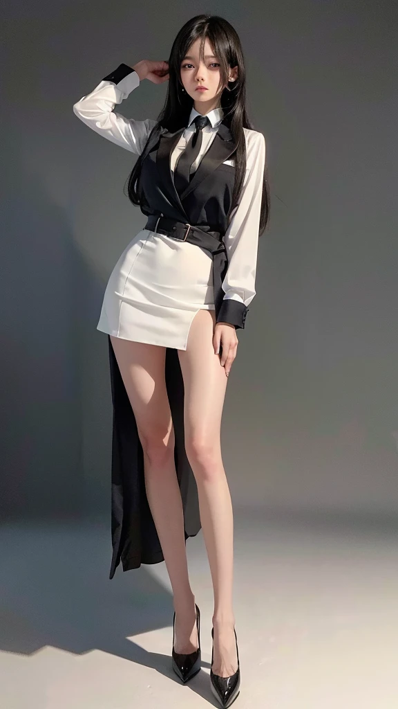 Beautiful girl with two meter long hair, long black hair, (white women's suit), (white shirt), (Thai women's short black necktie), wearing a white women's suit, Wear a suit over the outside., (Military rank insignia), (Short white pencil skirt), tight, (dynamic post), full body, (Huge breasts, thin body, small waist, hips raised, small thighs, Long legs), A gigantic rift, black high heels,