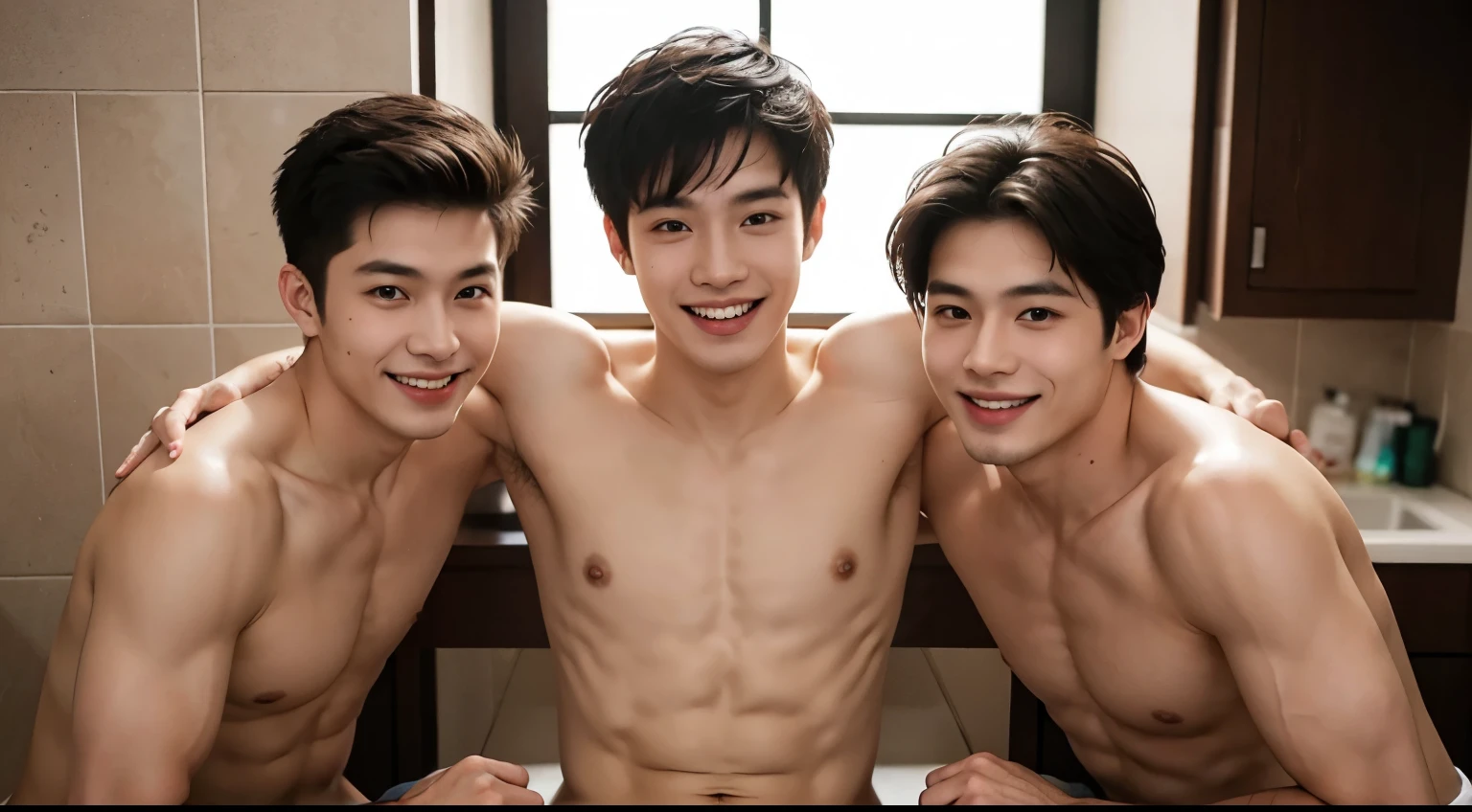 Best quality, High quality, A high resolution, 4K, Masterpiece, detailed face, detailed eyes, asian three man photo, young male, perfect face, perfect bodies, handsome, full body, take off clothes, smile, bathroom