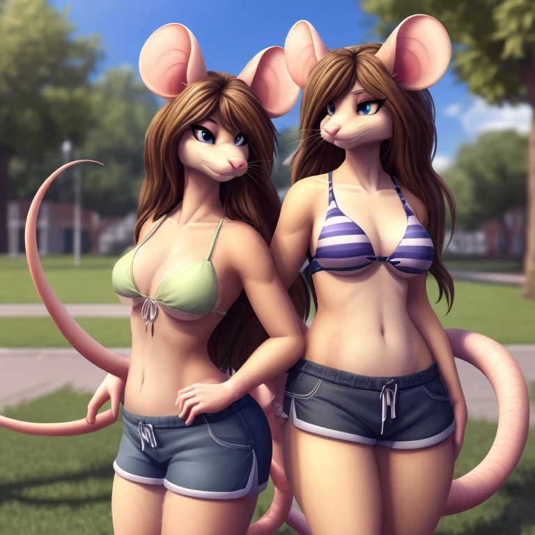 2girls, posing for photo, (sassy), ((anthro mice)), hip tuft, leg tuft, fluffy fur, whiskers, brown hair, long hair, beautiful eyes, (anthro furry:1.3, snout:1.2, anthro:1.3, furry:1.2, female:1.2, thick tails: 1.2, mouse tails), college quad, college students, freshmen, shorts, bikini tops, size difference, (masterpiece, golden rule, best quality, 4k, 2k, shaded, absurd res), consistent colours, sisters, twins