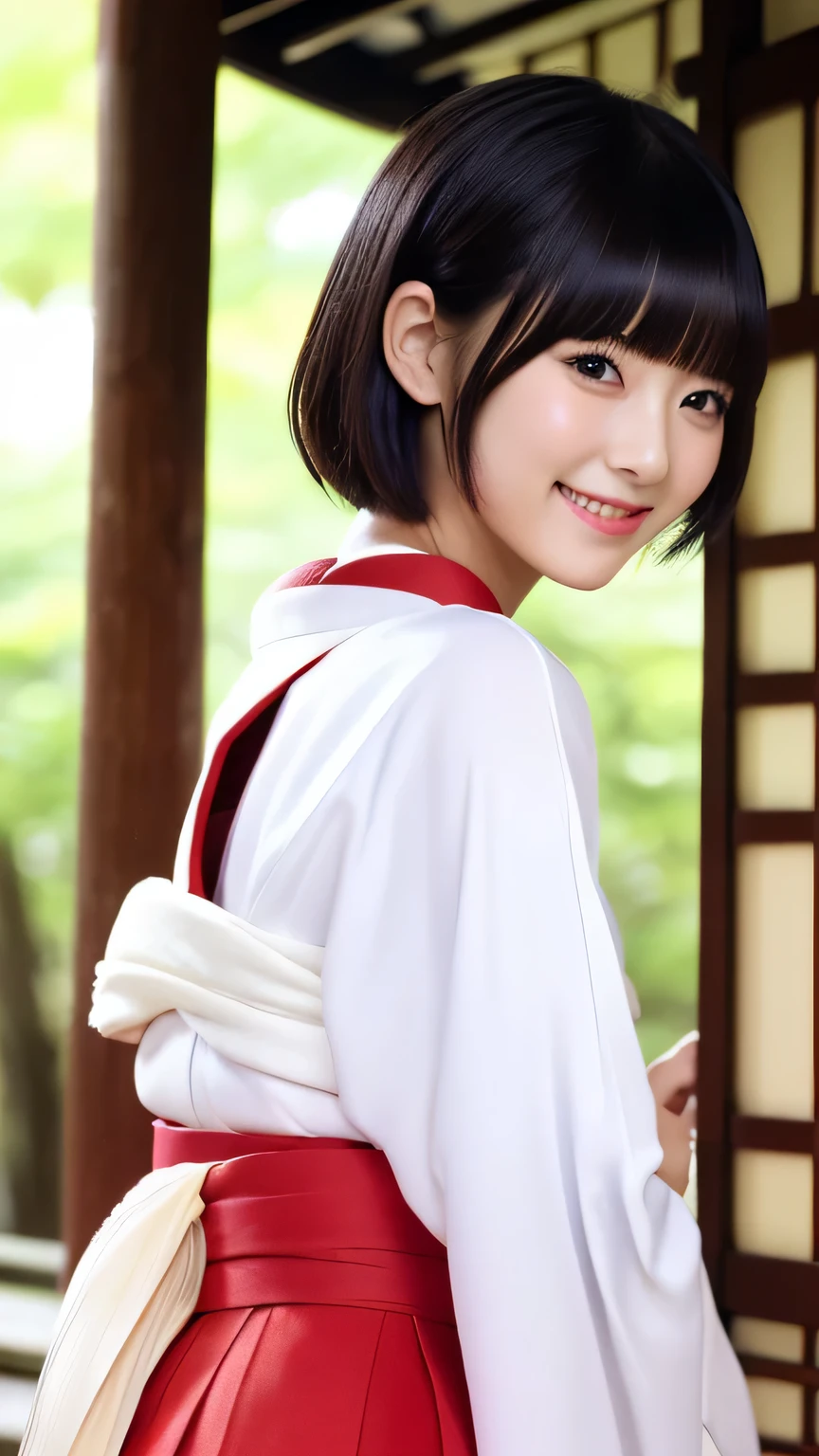 (white kimono and red long skirt、Slim,  and short hair,,、Close-up of a girl with blunt bangs:1.5)、(In the precincts of a Japanese shrine wearing a white kimono and long red skirt、The girl turns around with a smile:1.5)、(beautiful blue sky :1.3)、(perfect anatomy:1.3)、(full finger:1.3)、(8K:1.3)、realistic photo、table top、highest quality、High resolution、delicate and beautiful、perfect face、detailed and beautiful eyes、Fair skin、real human skin、((thin legs))、(black hair)