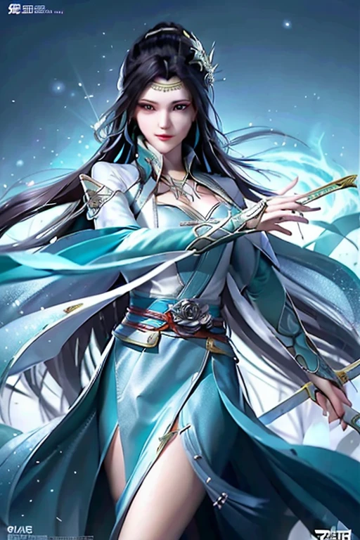 A woman wearing Assassin's Creed-style clothing, Holding a sword,Golden lightning flashed from the sword,Fly in the air,Xian Xia, Wear a black hood,Cover her long hair, curls. Her sharp blue eyes, shrouded in mystery, Staring intently. Decorated with top quality opal jewellery, A jade pendant is worn around the waist, This incarnation of a woman exudes strength and maturity, whole body散发金色光芒. (Magazine: 1.5, cover style: 1.5, HD, real, whole body:1.5)