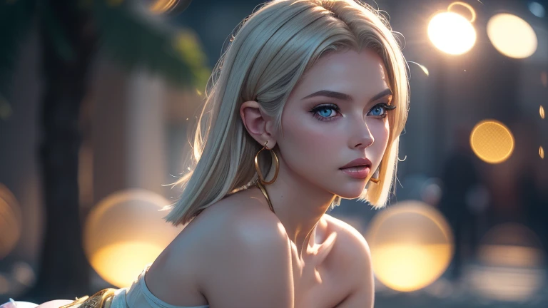 Ultra realistic, 16k, high quality, 1 girl, short blonde hair, shoulder-length blonde/silver hair that spreads across her left temple and is tucked behind her ear, wears small gold hoop earrings in both ears, eyes blue, bright eyes, white skin, pale skin, flushed cheeks, narrow waist, big hips, hot legs, skirt, parted lips, blush, night, flowers, sun, sollight, 25 years old, (beautiful tall body), professional photography of a stunning woman detailed, sharp focus, dramatic, award-winning, cinematic lighting, volumetric dtx, (film grain, blurred background, blurred foreground, Bokeh, depth of field, motion blur:1.3), multiple hot sexy poses.