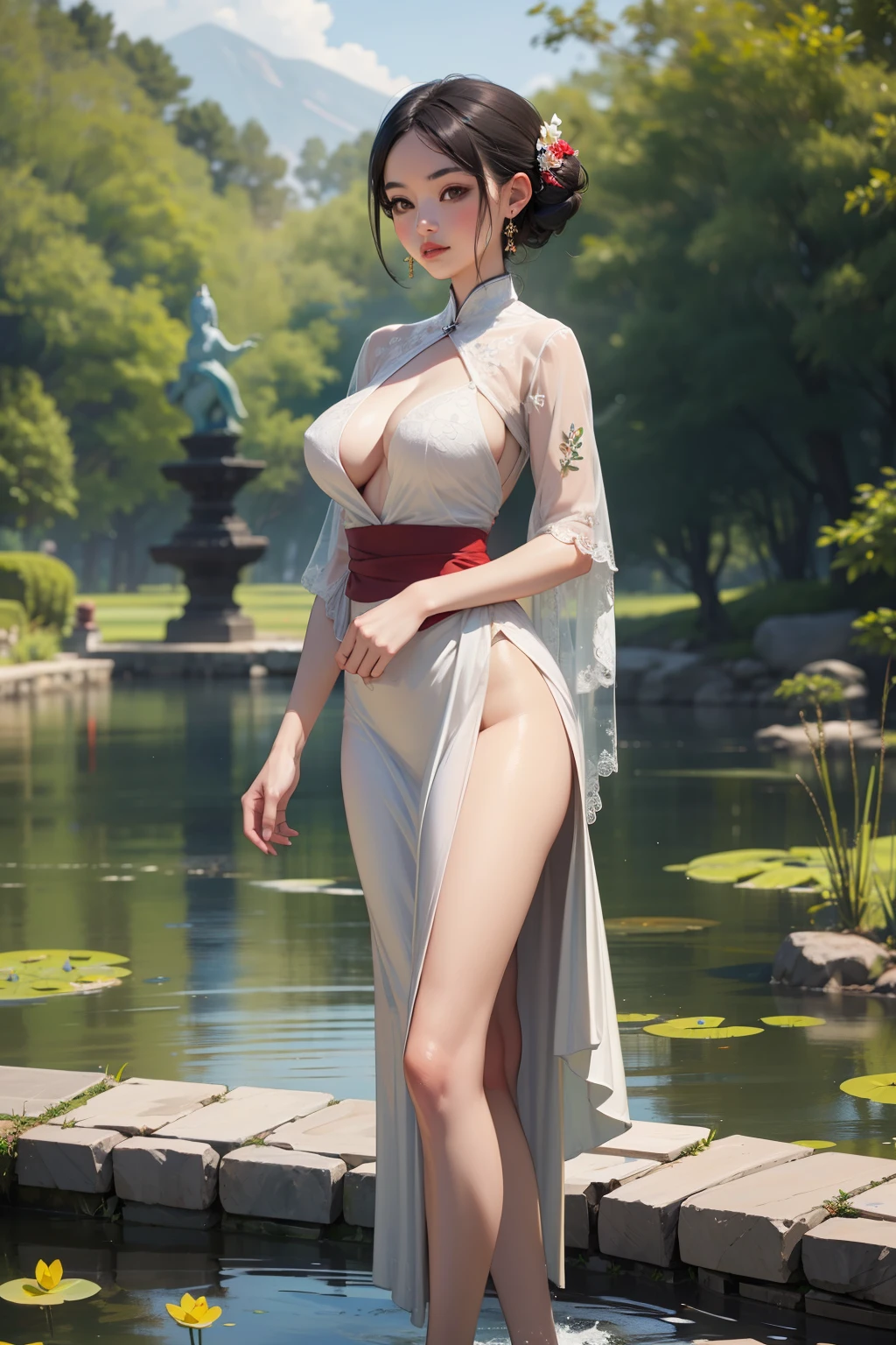 ((best quality)), ((masterpiece)), (detailed), young asian girl, with pale skin has perfect face and large breast wearing nice kebaya bali, standing in front of pond with shiva statue