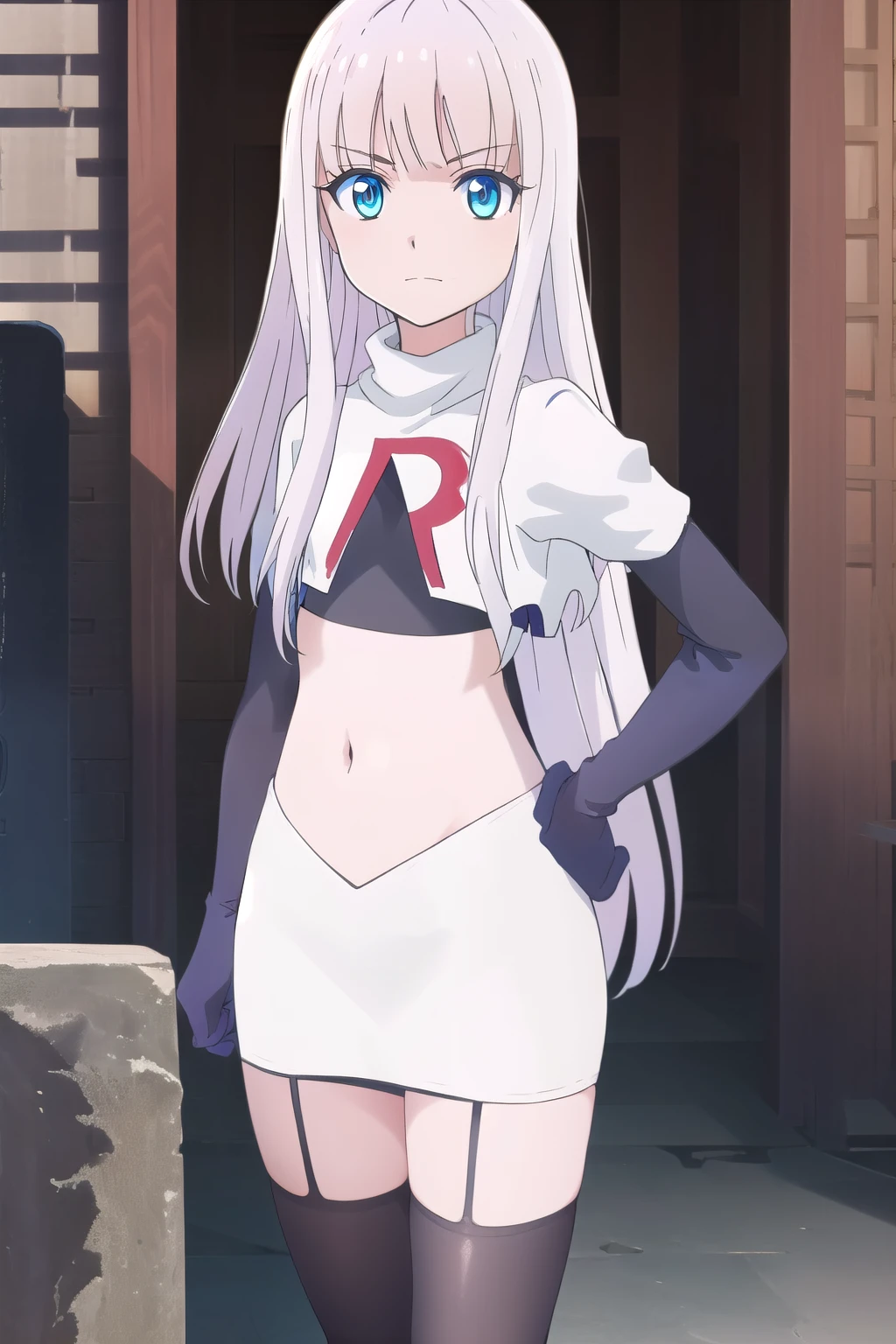 mira, anime, 1girl, solo, long_hair, looking_at_viewer, blue_eyes,  white_hair, small breasts  soft smile, lake, yuzustyle , masterpiece, best quality, official art, extremely detailed CG unity 8k wallpaper, highly detailed, shiny skin, Depth of field, vivid color, team rocket,team rocket uniform, red letter R, white skirt,white crop top,black thigh-highs,black elbow gloves