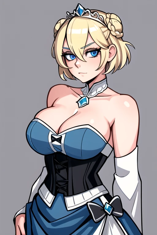 1girl, solo, masterpiece best quality, 26 year old Scandinavian woman, Short blonde hair, bun-like hairstyle, bright blue eyes, large breasts, dark blue strapless dress, corset, cleavage, bare shoulders, diamond tiara, white stash, full body shot
