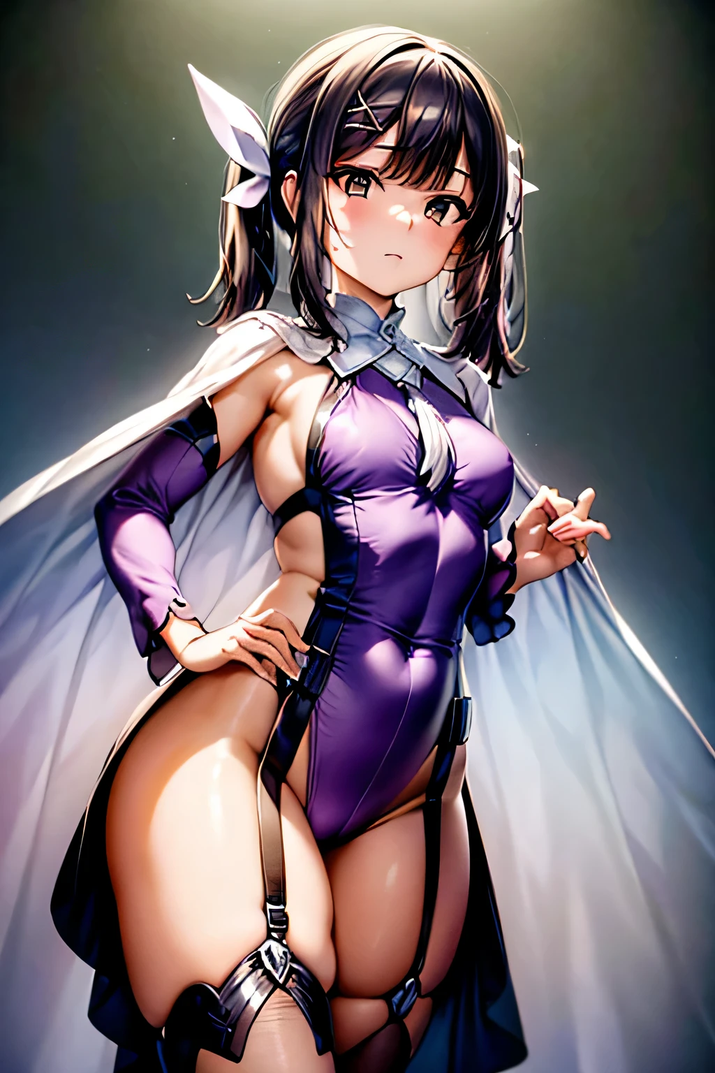 (masterpiece:1.2), best quality, high resolution, unity 8k wallpaper, (illustration:0.8), (beautiful detailed face:1.2, beautiful detailed eyes:1.2), perfect lighting, extremely detailed CG, (perfect hands, perfect anatomy),
Cute, beautiful, charming lady, shiny hair, lustrous skin, beautiful light big eyes,
milf, married woman, soft With a gentle appearance and a gentle mother-like atmosphere,
miyu_a, black hair, twintails, hair ribbon, x hair ornament, brown eyes, magical girl, white cape, white ascot, purple leotard, detached sleeves, purple sleeves, showgirl skirt, thigh strap, purple thighhighs,