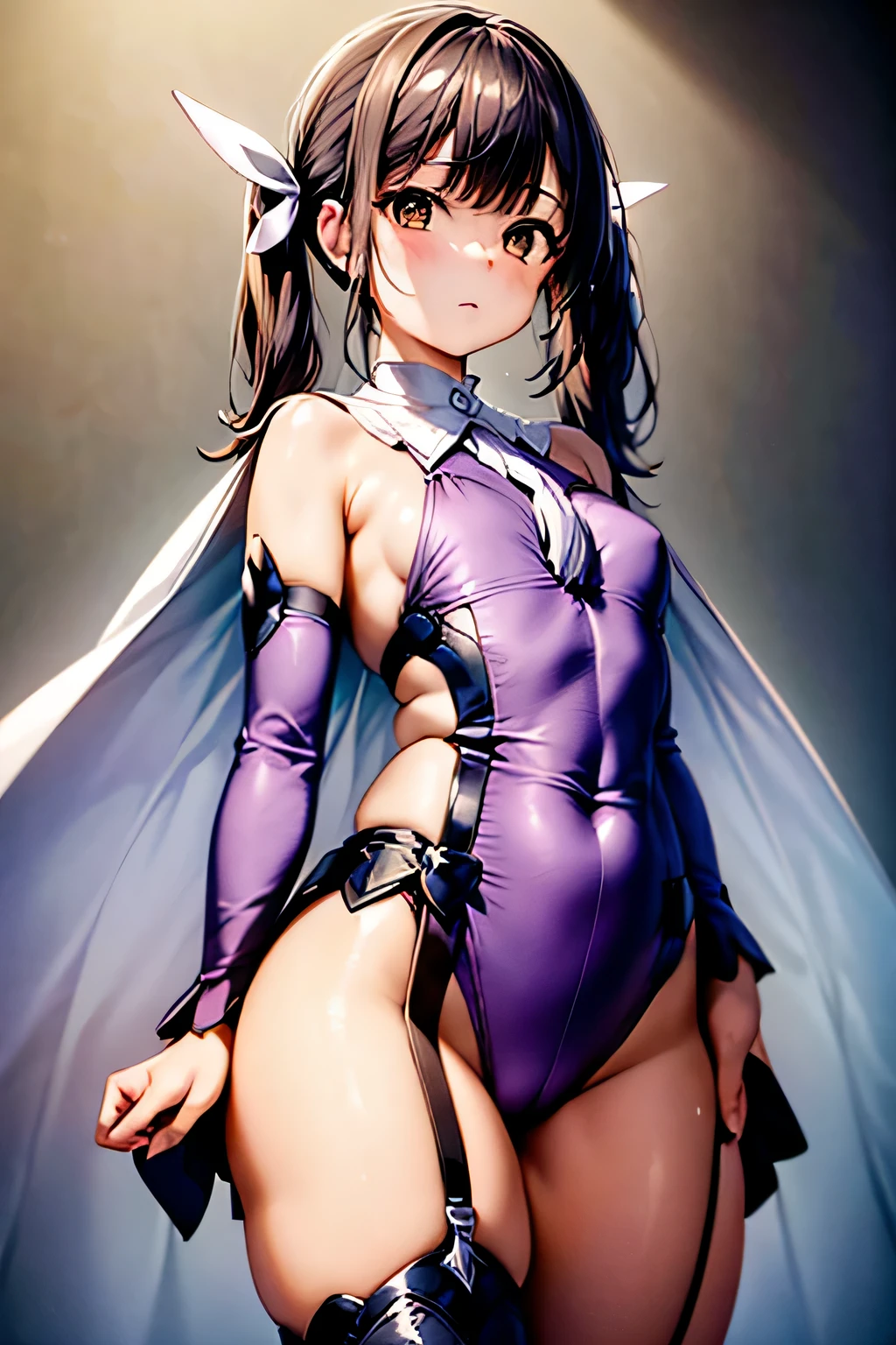 (masterpiece:1.2), best quality, high resolution, unity 8k wallpaper, (illustration:0.8), (beautiful detailed face:1.2, beautiful detailed eyes:1.2), perfect lighting, extremely detailed CG, (perfect hands, perfect anatomy),
Cute, beautiful, charming lady, shiny hair, lustrous skin, beautiful light big eyes,
milf, married woman, soft With a gentle appearance and a gentle mother-like atmosphere,
miyu_a, black hair, twintails, hair ribbon, x hair ornament, brown eyes, magical girl, white cape, white ascot, purple leotard, detached sleeves, purple sleeves, showgirl skirt, thigh strap, purple thighhighs,