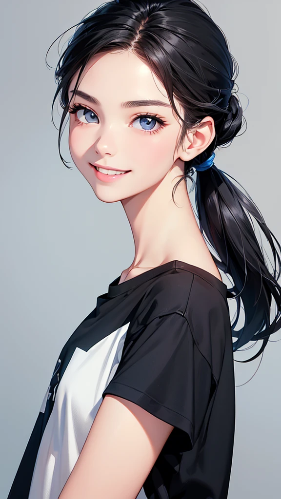 highest quality、realistic、girl、zoom、look up、cute、light gray eyes、black hair、ponytail、blue t-shirt、cheerful smile、face close up、slender