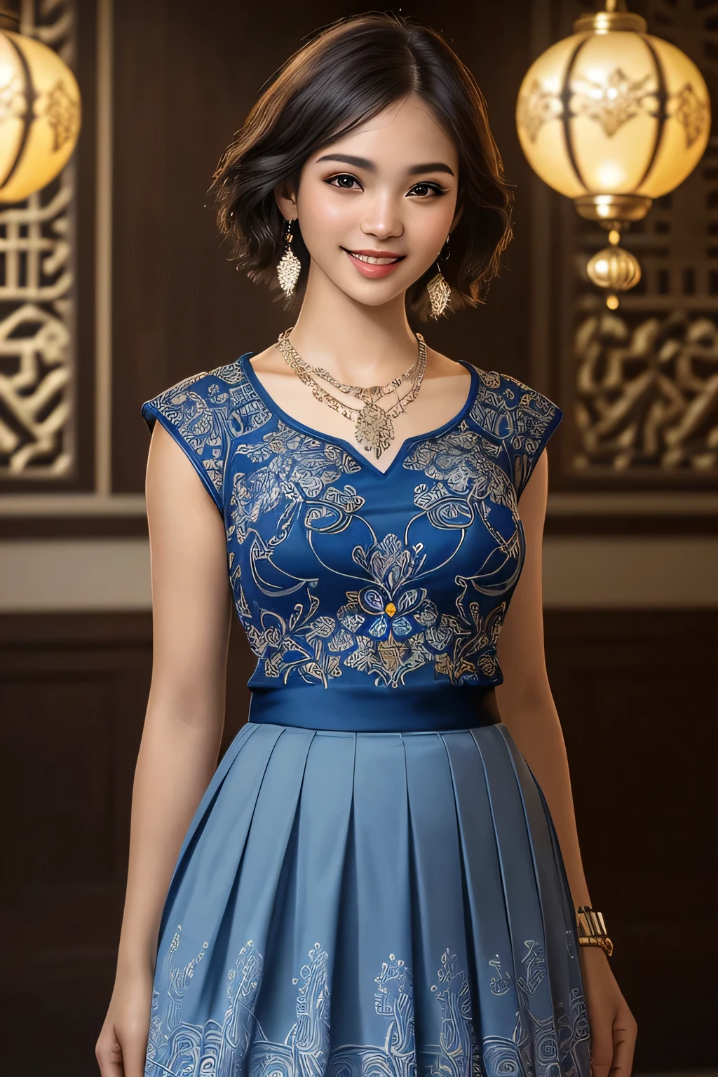 (realistic:1.3), insane detailed, quality, (masterpiece:1.2), (photorealistic:1.2), (best quality), (detailed skin:1.3), (intricate details), ray tracing, ((half body)), (((1girl))), (((1 person))), 20 years old, short hair, smile, blue dress, skirt with pattern, color contrast between the dress and the skirt, skirt pattern, earrings, necklace, Javanese ornament, (blurred background)