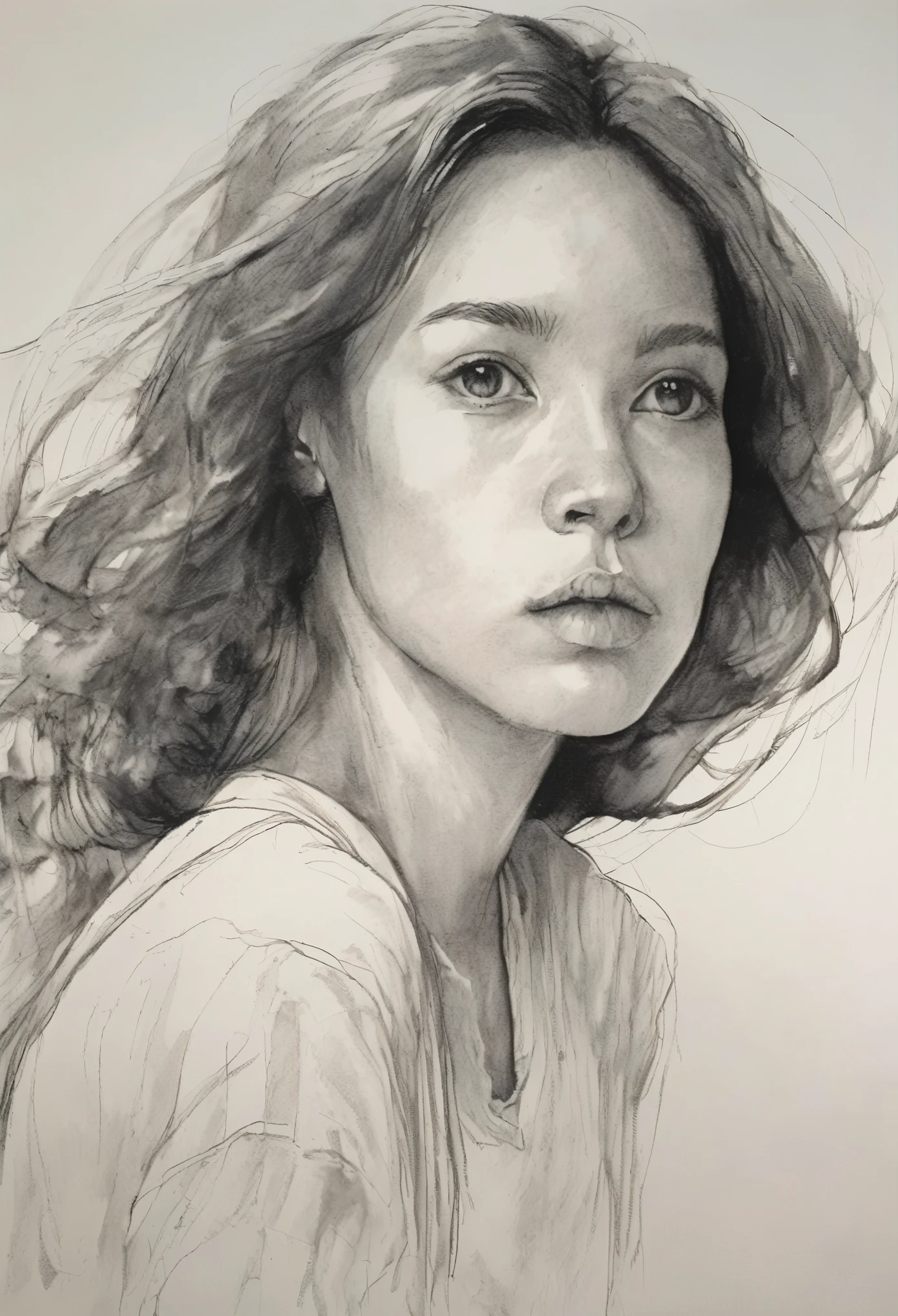 (highest quality, High resolution, masterpiece:1.2), Super detailed, actual:1.37, Black ink sketch, smooth lines, Expressive facial expressions and gestures, simple background, Emphasis on light and shadow and spatial perception, Plenty of negative space, young girl.Ink Portrait,smooth lines,Expressive facial features,Subtle emotions,Ink strength comparison,simple background,Emphasis on light and shadow,wide々It was,Plenty of negative space,peaceful atmosphere,peaceful atmosphere,feels like a dream,Delicate yet fascinating details,pastel colour,Calm and introspective,An elegant gesture,Gentle movements,Calm and innocent,Elegant Whisper,quiet and elegant,shining,sublime beauty,Vector illustration,black and white,Natural and Organic,Nourish、Calming the mind,Sublime simplicity,fantastic charm.
