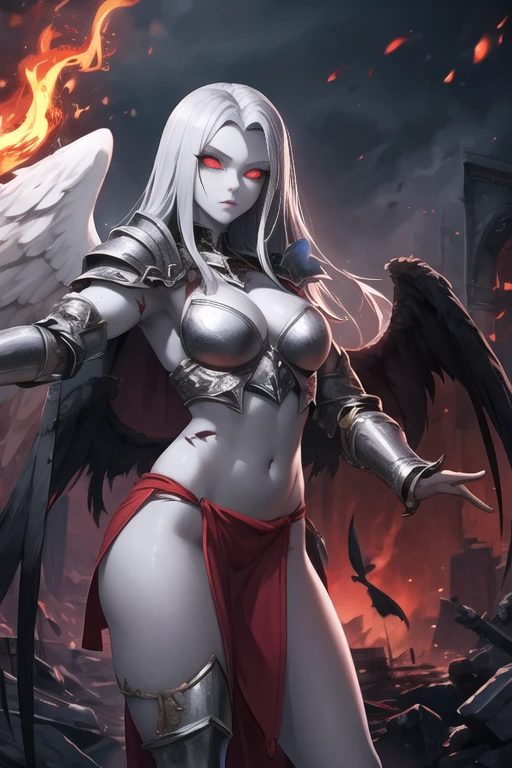 Grey skin, bloody, angel, rare, cursed maiden, loincloth, Angelic armor, beautiful woman, long silver hair, red glowing eyes, grey skin, black wings, palace ruins,