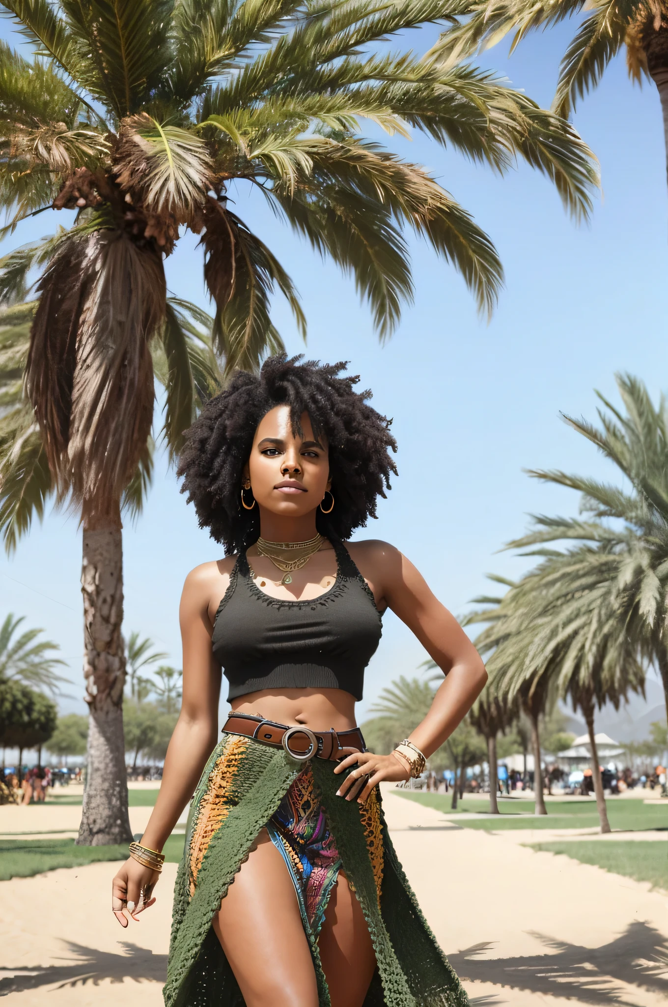 black woman solo in early 20s at coachella music festival, mid-length locs hair, sunny day, top quality, high_resolution, distinct_image, foreground focus, army green crochet top, colorful bohemian skirt, palm trees in the background, colorful belt