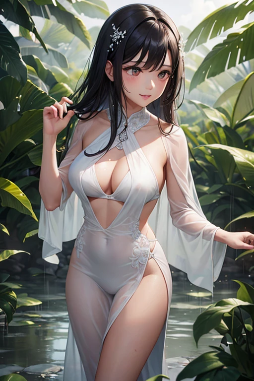 young Indonesian beautiful woman, wearing a wet white kebaya, long hair, heavy rain, right hand holding one a wide banana leaf, left hand carrying sandals, muddy road,she is high jumping and down dancing and laughing happily, the background is a farmer, a buffalo , much water splash effect. HD professional photographer, epicrealism models, atmospheric impressionism, bokeh, film dramatic realism,ultra upscale ultra detail on facial skin, soft focus realism --ar 36:61 --stylize 7