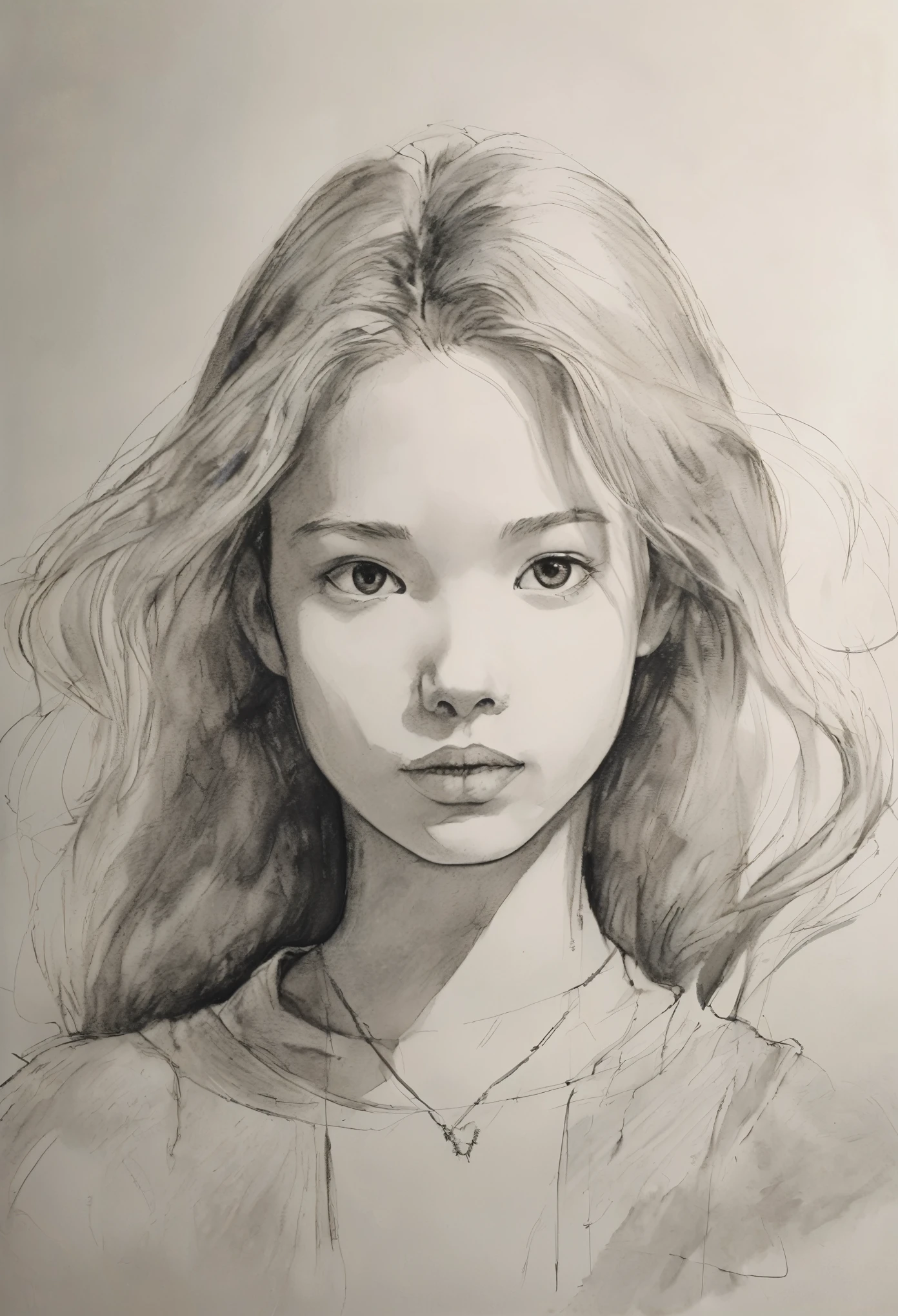 (highest quality, High resolution, masterpiece:1.2), Super detailed, actual:1.37, Black ink sketch, smooth lines, Expressive facial expressions and gestures, simple background, Emphasis on light and shadow and spatial perception, Plenty of negative space, young girl.Ink Portrait,smooth lines,Expressive facial features,Subtle emotions,Ink strength comparison,simple background,Emphasis on light and shadow,wide々It was,Plenty of negative space,peaceful atmosphere,peaceful atmosphere,feels like a dream,Delicate yet fascinating details,pastel colour,Calm and introspective,An elegant gesture,Gentle movements,Calm and innocent,Elegant Whisper,quiet and elegant,shining,sublime beauty,Vector illustration,black and white,Natural and Organic,Nourish、Calming the mind,Sublime simplicity,fantastic charm.
