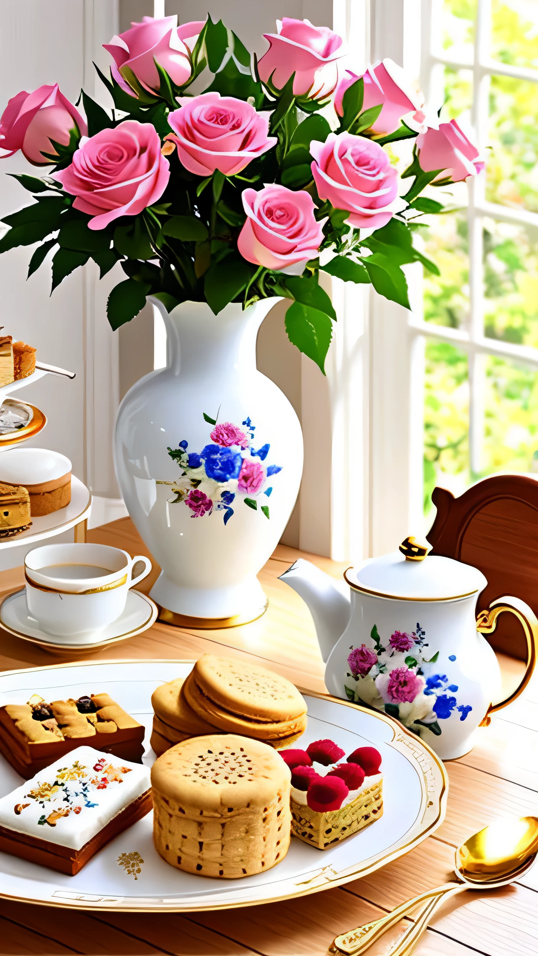 There is a vase on the table, There are some roses inside, Biscuits and snacks, European Afternoon Tea, Beautiful and exquisite painting、Drink is poured from pot into cup、