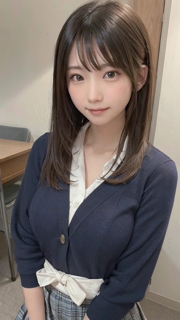 (8K、RAW photo、highest quality、masterpiece:1.2)、(realistic、Photoreal:1.37)、super detailed、超A high resolution、1 girl、see the beholder、beautiful and detailed face、laughter、narrow、(slim waist) :1.3)、Beautiful and smooth skin、skin texture、black haired、professional lighting、human body as a whole、long hair、Japanese height 、 girl、plaid uniform skirt、中Schoolの制服ブレザー,young、School、Smile