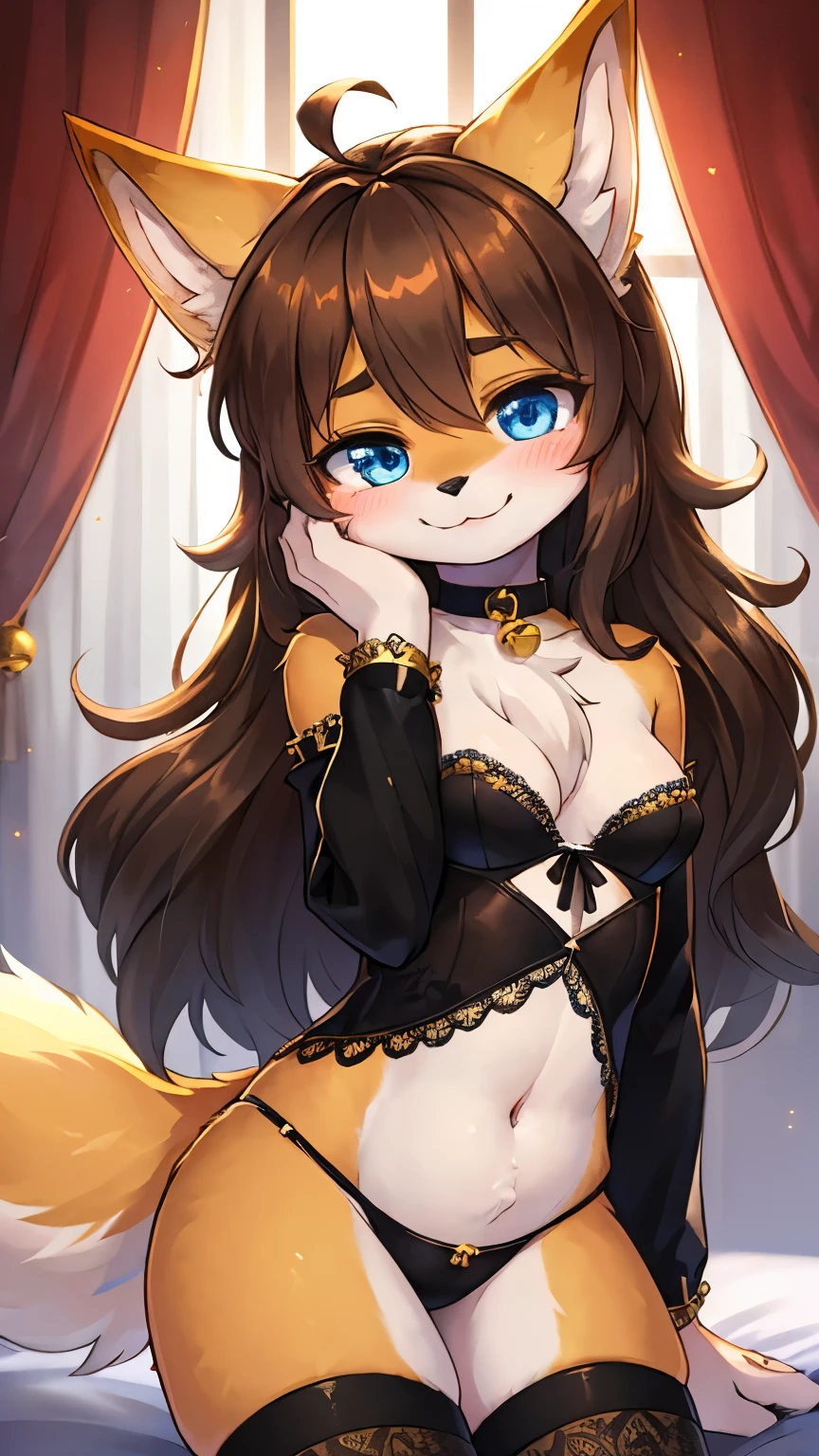 best quality,best resolution,(fluffy anthro furry :1.6),(young :1.6),dog girl,small breasts,blue eyes,glistering eyes,sparkle eyes,gold canine ears,gold dog tail,dark brown long hair,wavy hair,messy hair,gold fur,black sexy lingerie,lace,sexy stockings,small bell collar,flower hair ornaments,luxury room,buliding background,night town,white curtains,looking at viewer,full face blush,desire face,smile,sexy eyes.heart eyes,heart expession eyes,upper body only,front view,sexy pose,hands on face