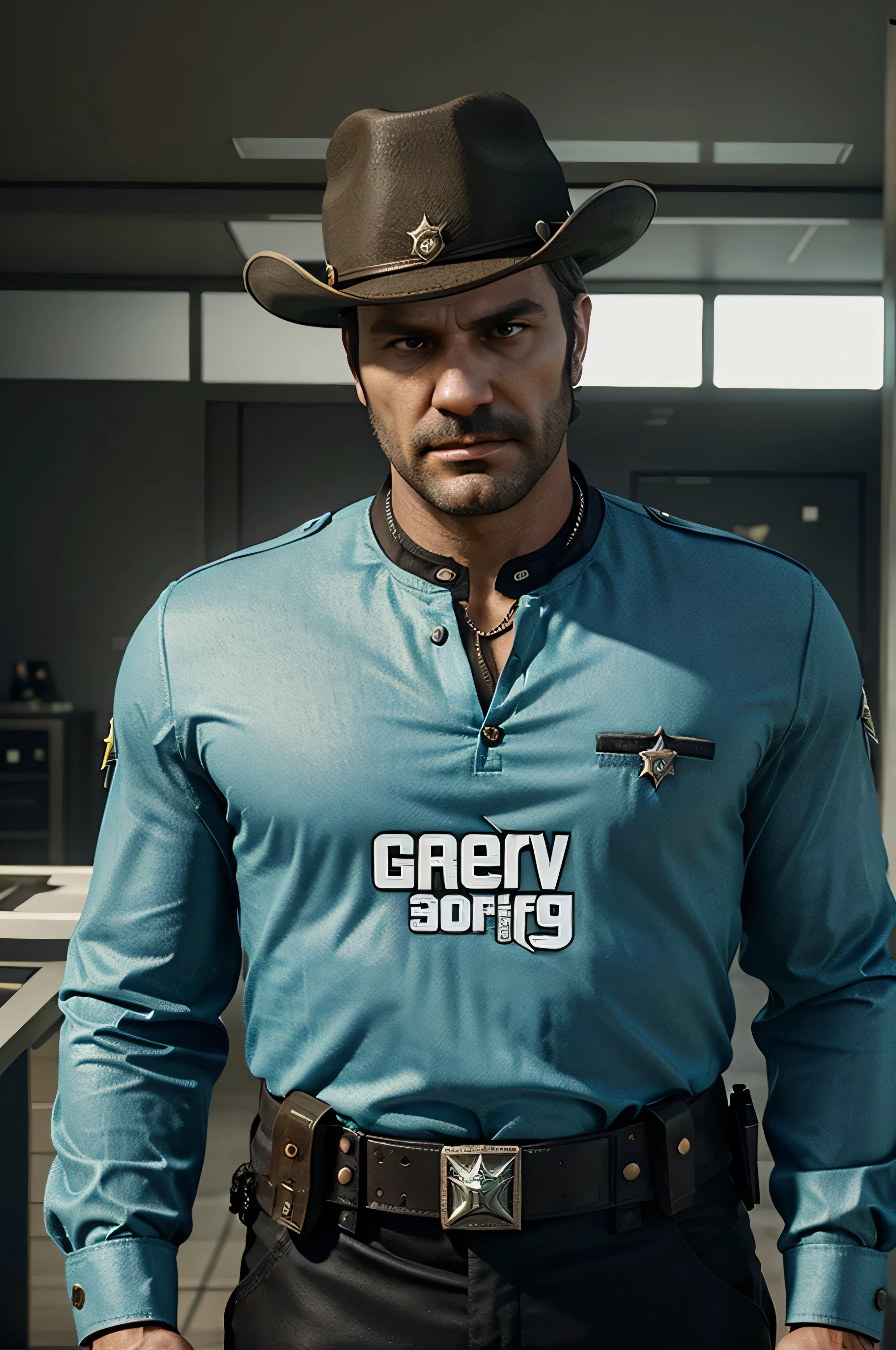 Crea un avatar de Sheriff bien elegante, que se vea en estilo de GTA 5, el sheriff debe llevar una placa con el nombre "Novak" que sea visible