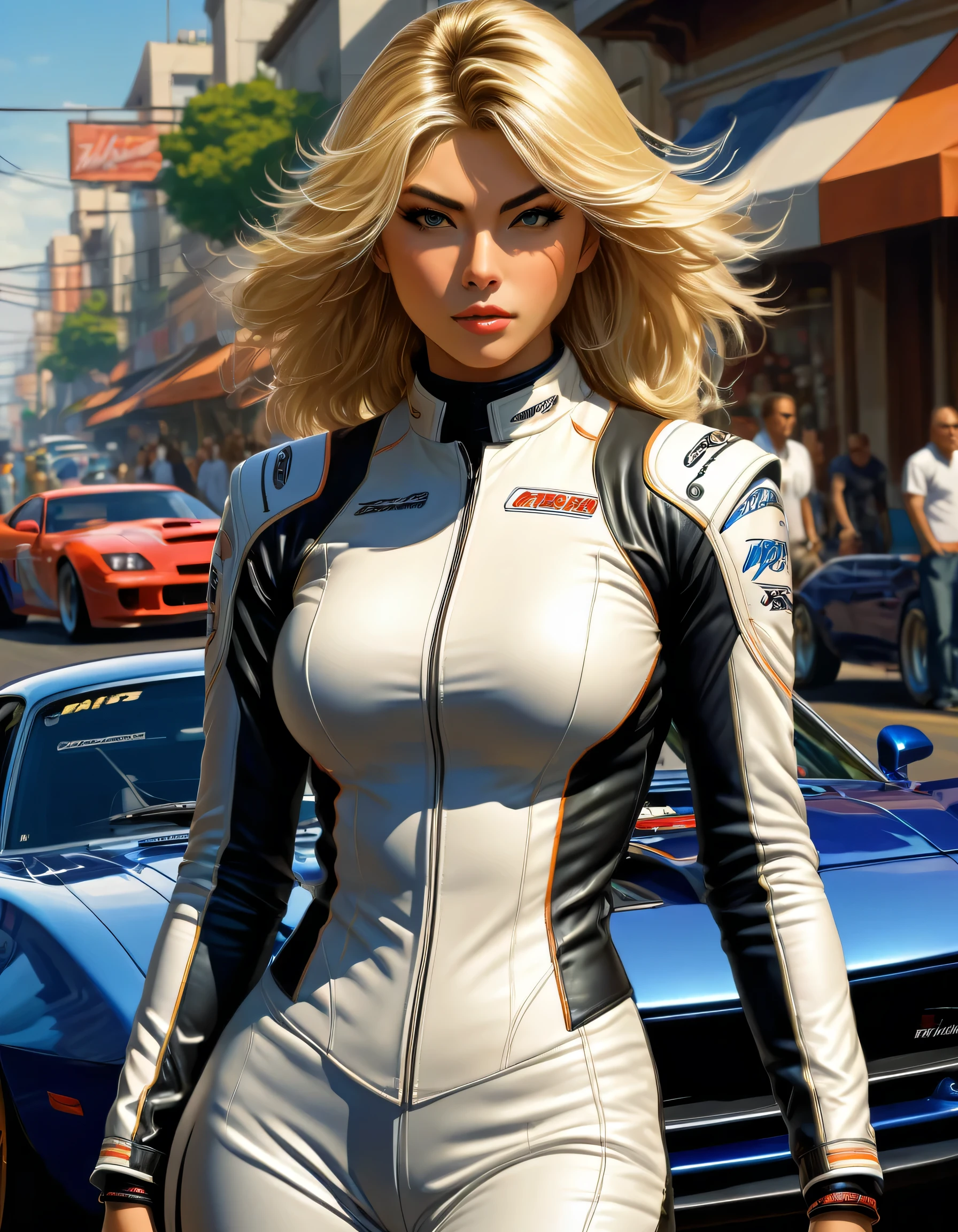 (​masterpiece), (top-quality), sunset, natural lights, ,(realistic:1.5), Sydney Sweeney as a Stunningly beautiful race queen, latex minidress, curvaceous, short_skirt, long_blonde hair, tanned, wearing a skintight top, cleavage, sexy, sensual, hazel eyes, smiling, sexy pose, athletic, looking at viewer, eye contact, stunningly beautiful 20 years old race queen, sunset, detailed pitlane in background, sportcars in background, detailed formula 1 paddock in background, dynamic pose, action pose,alluring, seductive_pose, natural lights, cleavage, athletic body, medium breasts, upper body, mid shot, masterpiece, detailed, mature, bright colors, high saturation, stunningly beautiful girl, precise hands, determined expression, serious, courageous, brave, Clear eyes, Shining eyes,, ultra-definition, Top resolution,  soft lightning