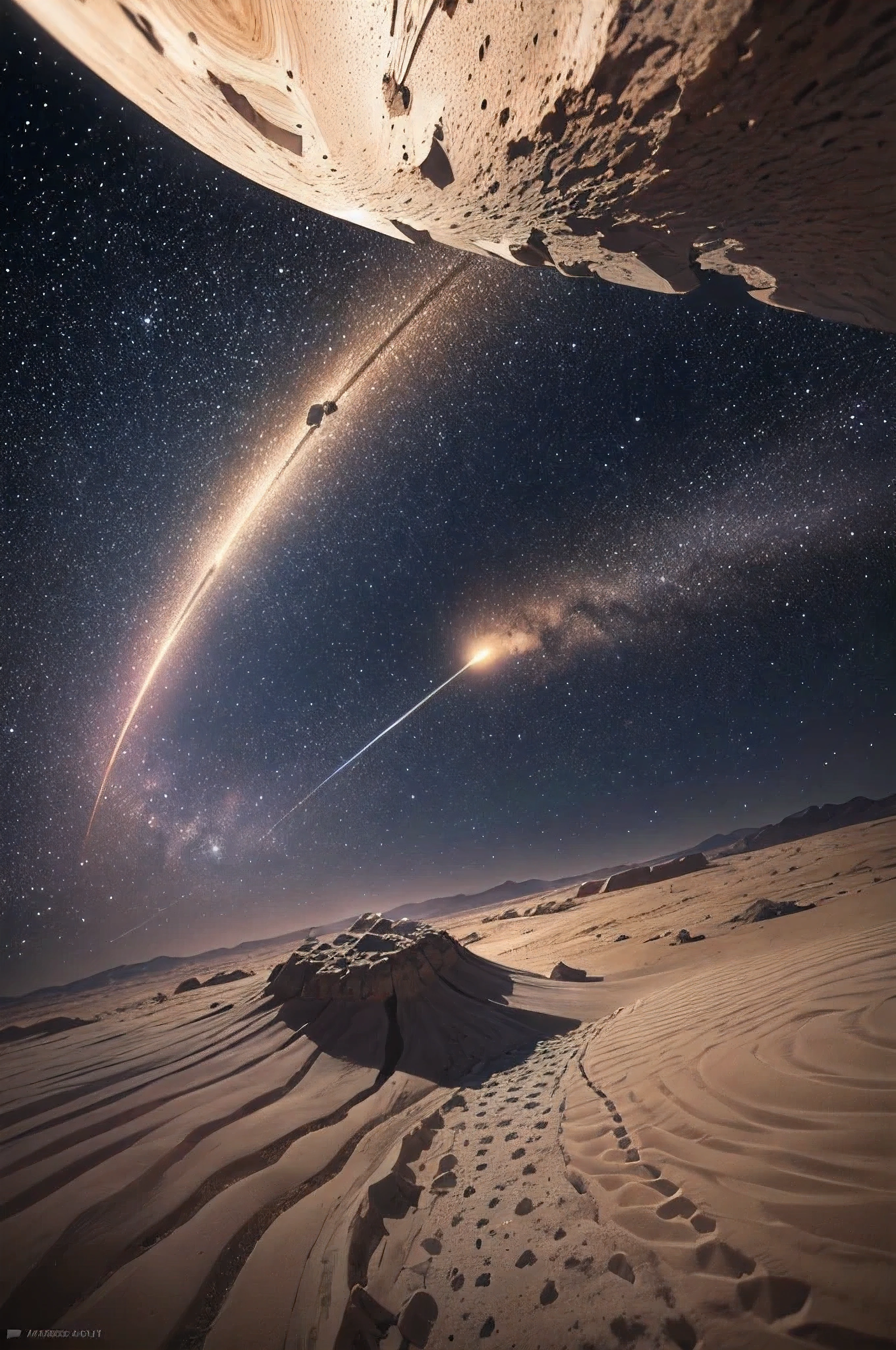 A meteorite passes by night in the desert:
(Meteorite, Night, Desert, Starry sky, Intricate patterns, Shimmering trail, Dust clouds, Realistic CGI, Vivid colors, Dramatic, Cinematic, Low angle shot, Cinematic lighting, Octane render)
An unusually large meteorite illuminates the desert night as it trails a shimmering path in the starry sky. The meteorite's intricate surface patterns become accentuated against the backdrop of the dark desert, leaving dust clouds in its wake. The realistic CGI rendering captures every detail of the meteorite's texture