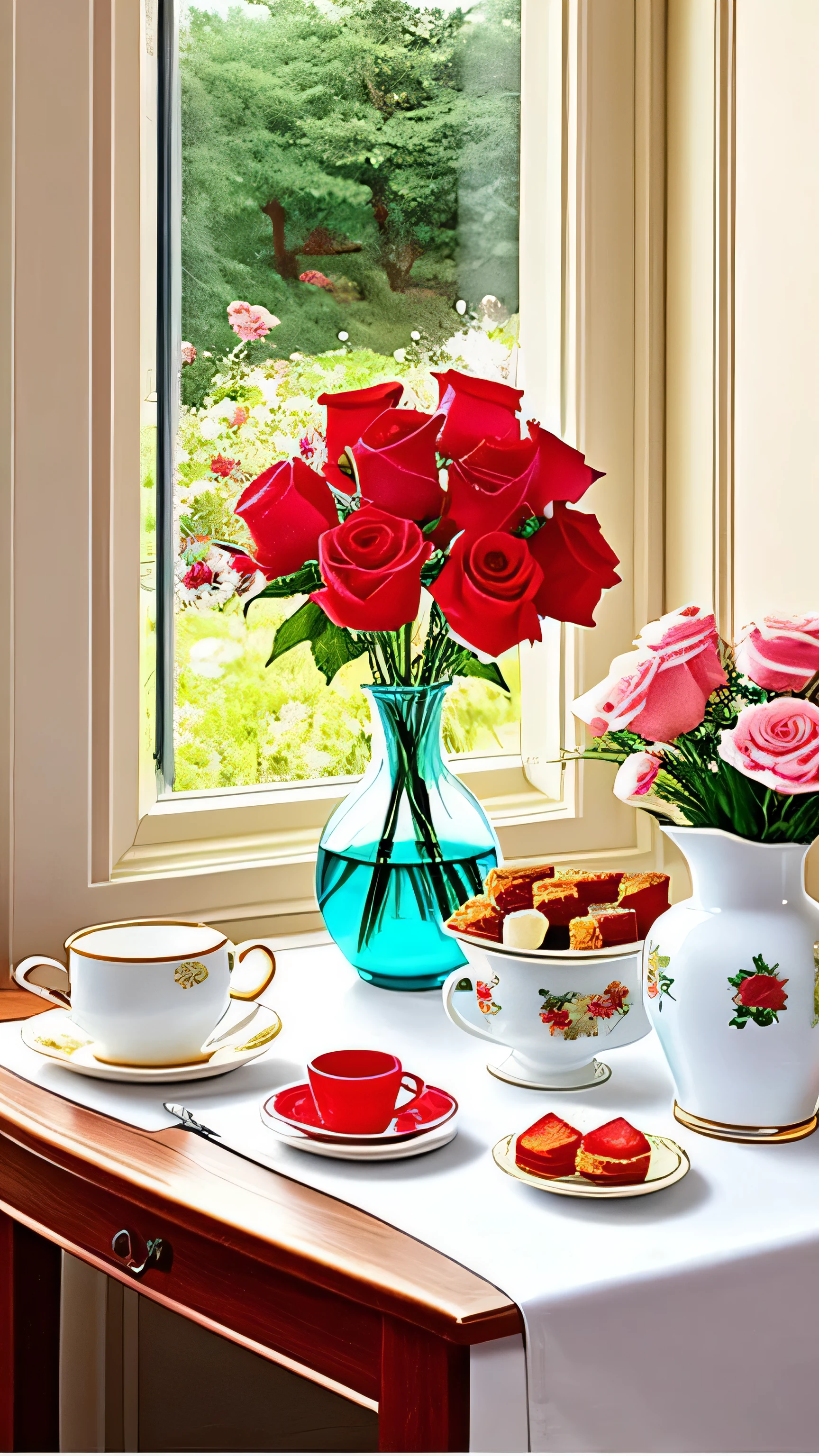 Drink is poured from pot into cup、There is a vase on the table, There are some roses inside, Biscuits and snacks, European Afternoon Tea, Beautiful and exquisite painting、