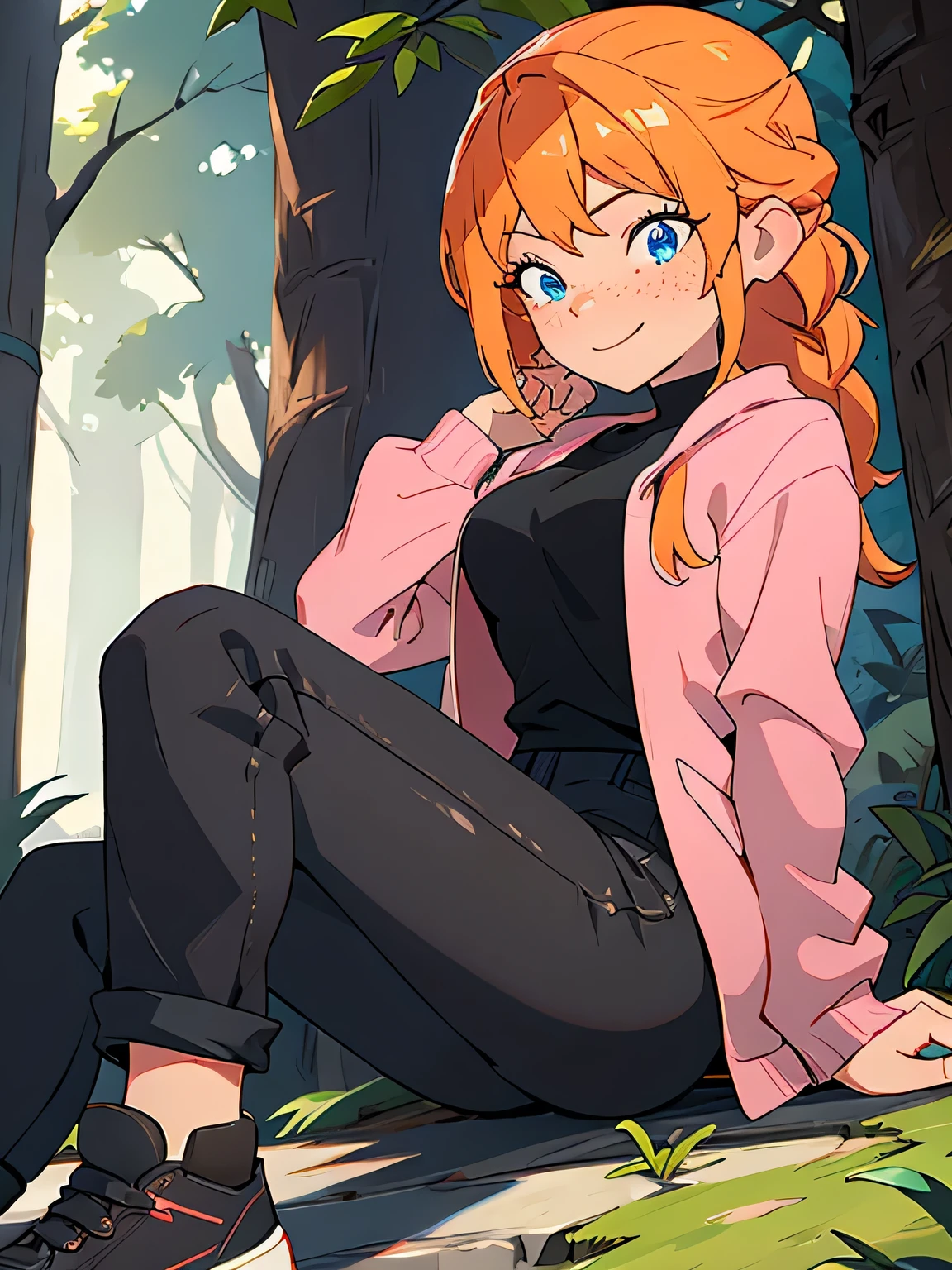 (masterpiece, best quality, high resolution:1.2), 1girl, solo, freckles, blue eyes, blonde hair, braid, shirt, black shirt, jacket, pink jacket, long sleeves, large hip, pants, black pants, black footwear, smile, close up, portrait, perfect eyes, forest, outdoor