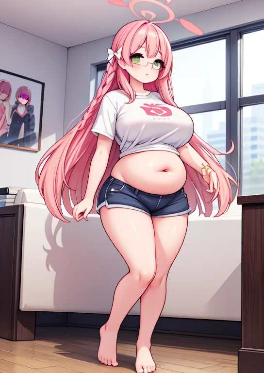 (masterpiece, best quality, highly detailed), 1girls, big belly, huge belly, art by kipteitei, round belly, chubby, curvy, belly grab, enormous belly, fat belly, thicc, bigger belly, really big belly, jiggly belly, shirt covering belly, belly cover by shirt, glasses, (extremely thight shorts), ((full body)), long hair