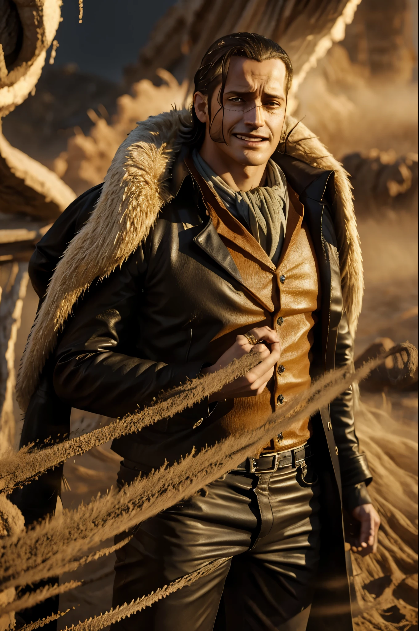 masterpiece, best quality, extremely detailed, hyperrealistic, photorealistic, a cool 40s man, ultra detailed face:1.2, fur-trimmed coat, scarf around the neck, his left hand is a golden pirate hook:1.1, cigar, sly smile, sandstorm, tornado
