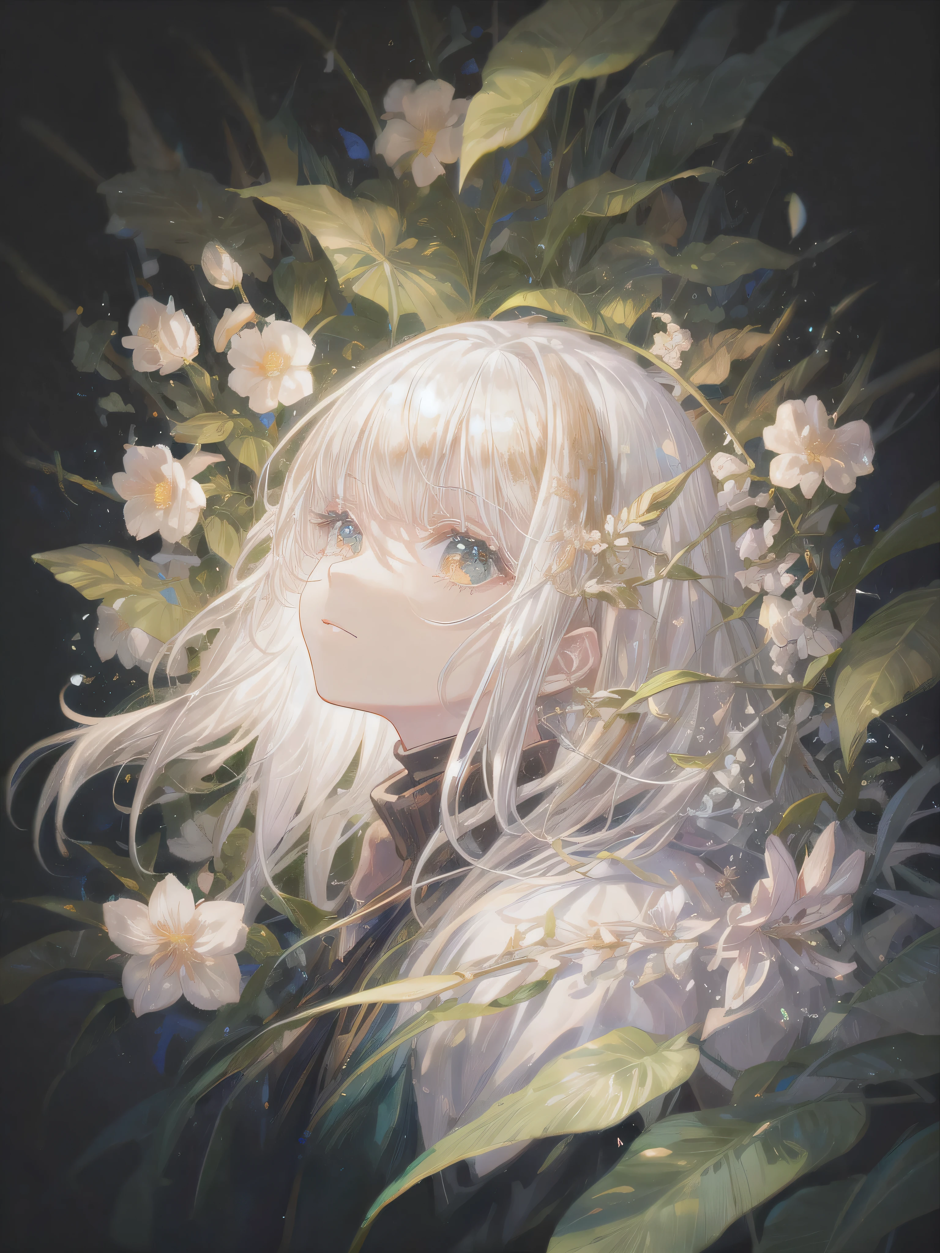 white hair，gold，leaf，flowers,brillant,Soft brushstrokes，Aesthetic，masterpiece