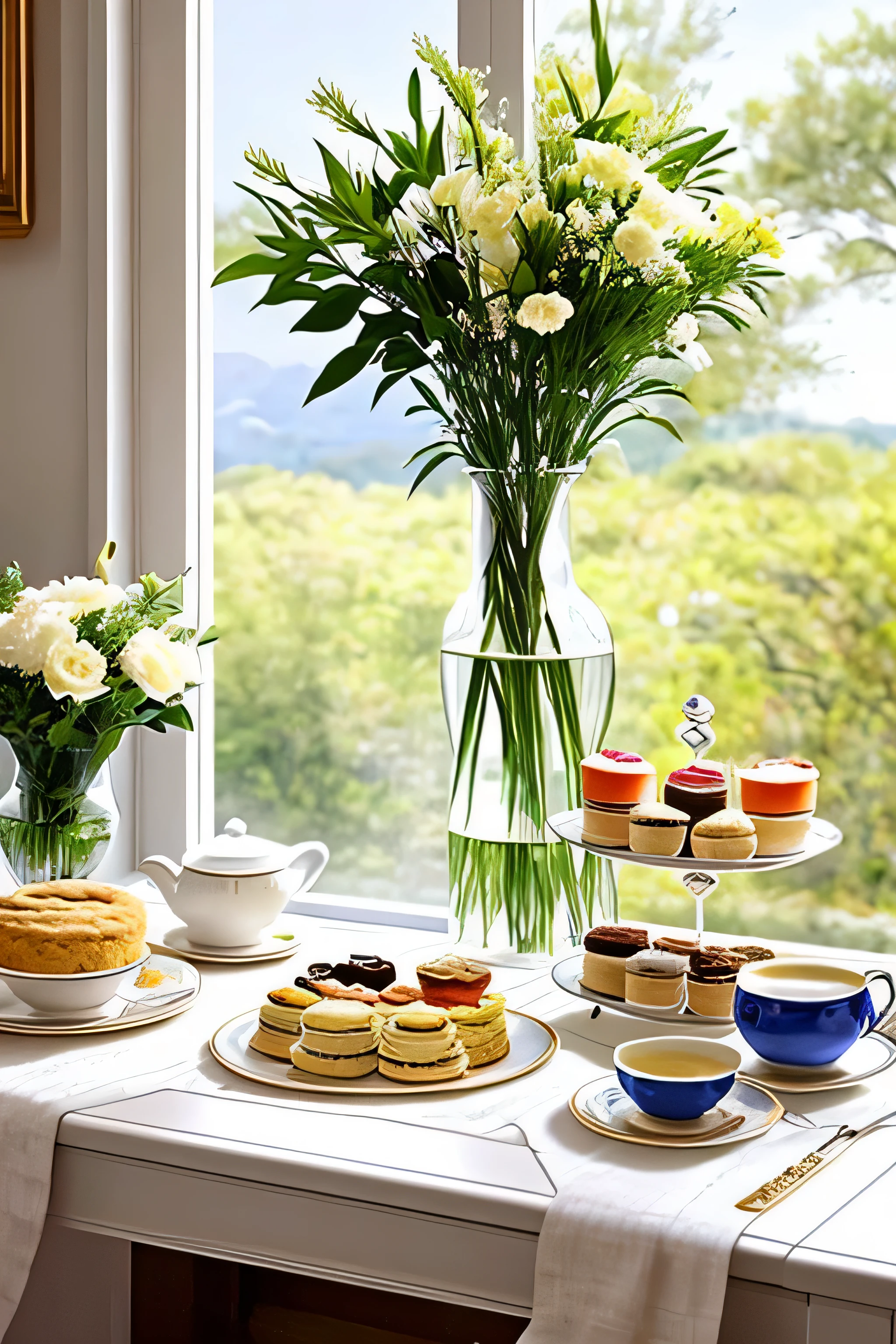 There are no people、There is a vase on the table, Biscuits and snacks, European Afternoon Tea, Beautiful and exquisite painting、Tea is being poured、