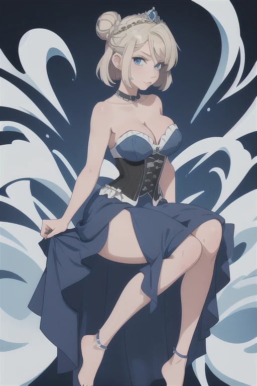 1girl, solo, masterpiece best quality, 26 year old Scandinavian woman, Short blonde hair, bun-like hairstyle, bright blue eyes, large breasts, dark blue strapless dress, corset, cleavage, bare shoulders, diamond tiara, white stash, full body shot