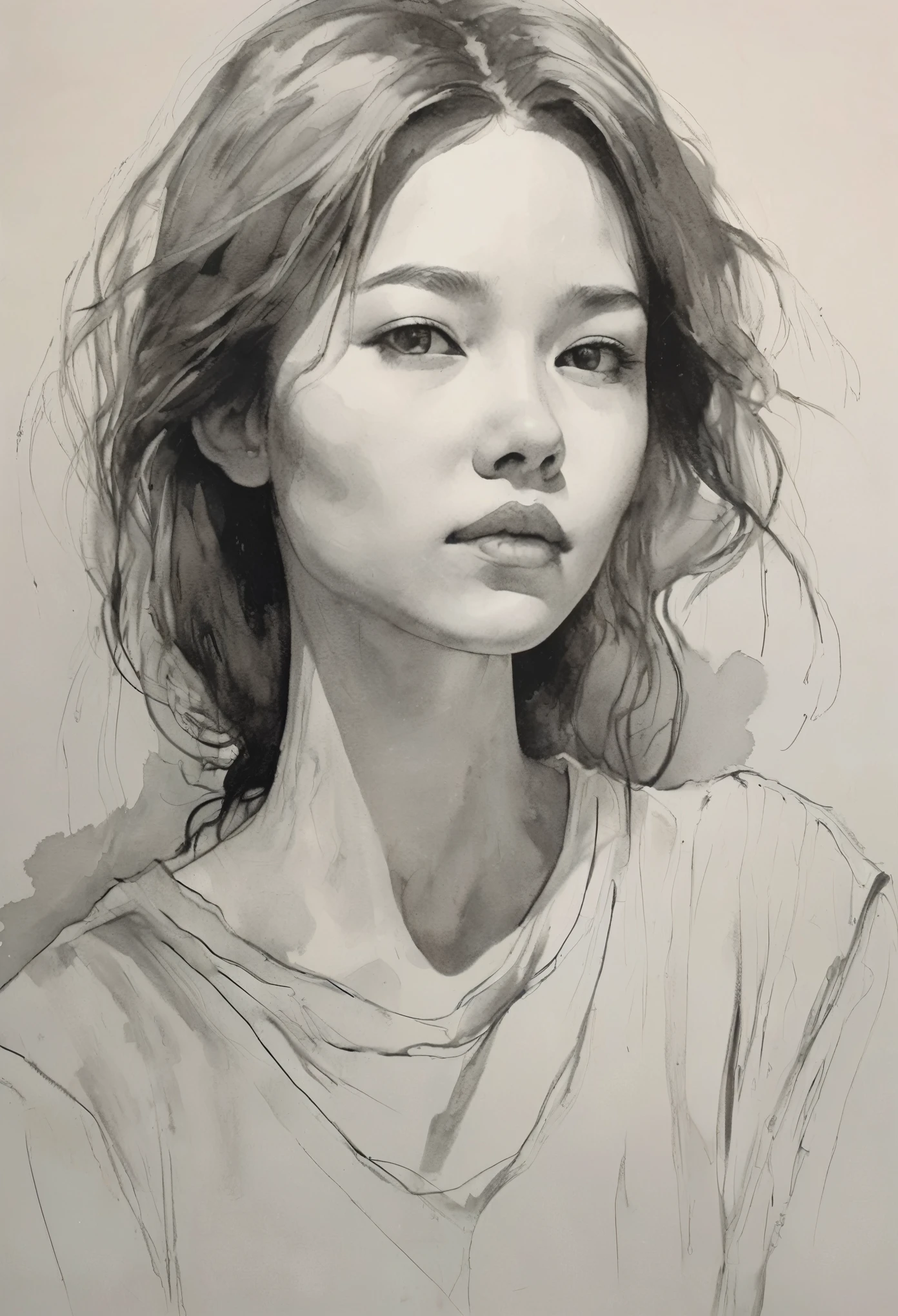 (highest quality, High resolution, masterpiece:1.2), Super detailed, actual:1.37, Black ink sketch, smooth lines, Expressive facial expressions and gestures, simple background, Emphasis on light and shadow and spatial perception, Plenty of negative space, young girl.Ink Portrait,smooth lines,Expressive facial features,Subtle emotions,Ink strength comparison,simple background,Emphasis on light and shadow,wide々It was,Plenty of negative space,peaceful atmosphere,peaceful atmosphere,feels like a dream,Delicate yet fascinating details,pastel colour,Calm and introspective,An elegant gesture,Gentle movements,Calm and innocent,Elegant Whisper,quiet and elegant,shining,sublime beauty,Vector illustration,black and white,Natural and Organic,Nourish、Calming the mind,Sublime simplicity,fantastic charm.
