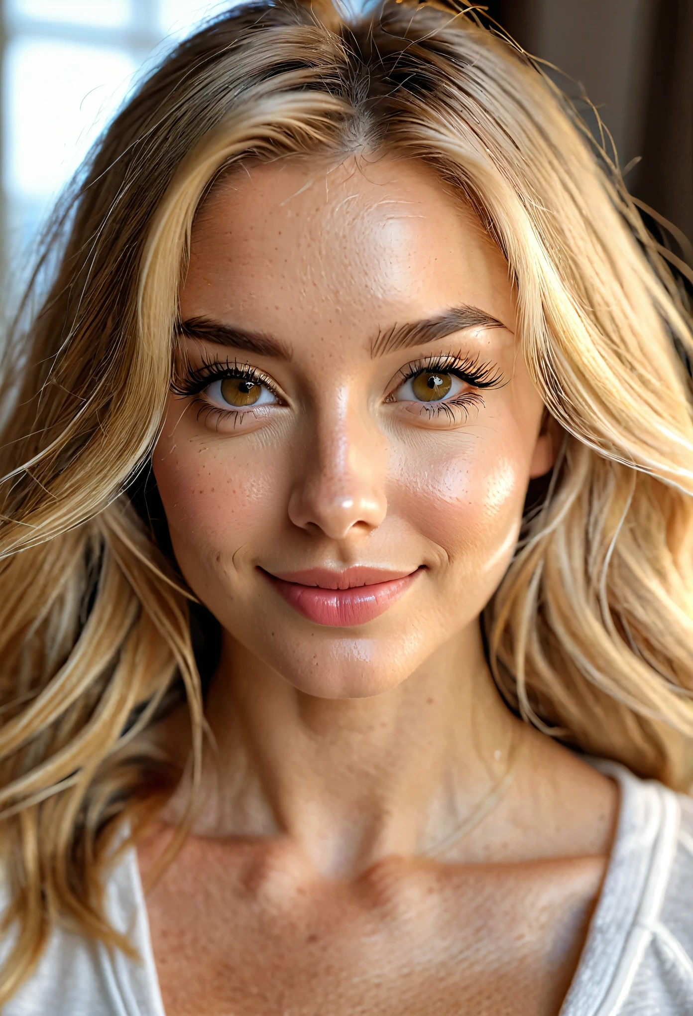 Raw photo, solo female, american, best quality, high resolution, photorealistic, hyper detailed, beautiful woman with (long brushed silky blonde hair:1.3), taken (webcam photo angle:1.2,), ((wearing complete top and bottom casual loungewear:1.2)) comfy clothing, (interior cozy suburban home, (afternoon)), (comfortable), lovely sweet woman, dimples, ultra high res, RAW, relaxed arms, (hugging herself), open, inviting gestures, hands on pillow, warm and pleasant, posting from home living room, snuggling inside, feeling lazy girl, intimate POV, (she's close to webcamera:1.4))、a beautiful woman (High detailed skin:1.2), detailed eyes:1.1, stunning eyelash details, perfect hazel pupils, ((video call)), ASMR raw photo, girlfriend, (blushing:1.7,slight smile ), Leica camera quality, Digital SLR, Soft lighting, High quality, FujifilmXT3, afteroon sun、Taken inside her home、Sit down close to her, teasing skin peachfuzz and pore details, radiant、natural Golden blonde hair pulled back、american south Swedish, we are eye gazing with her, intimate relaxed style photoshoot
