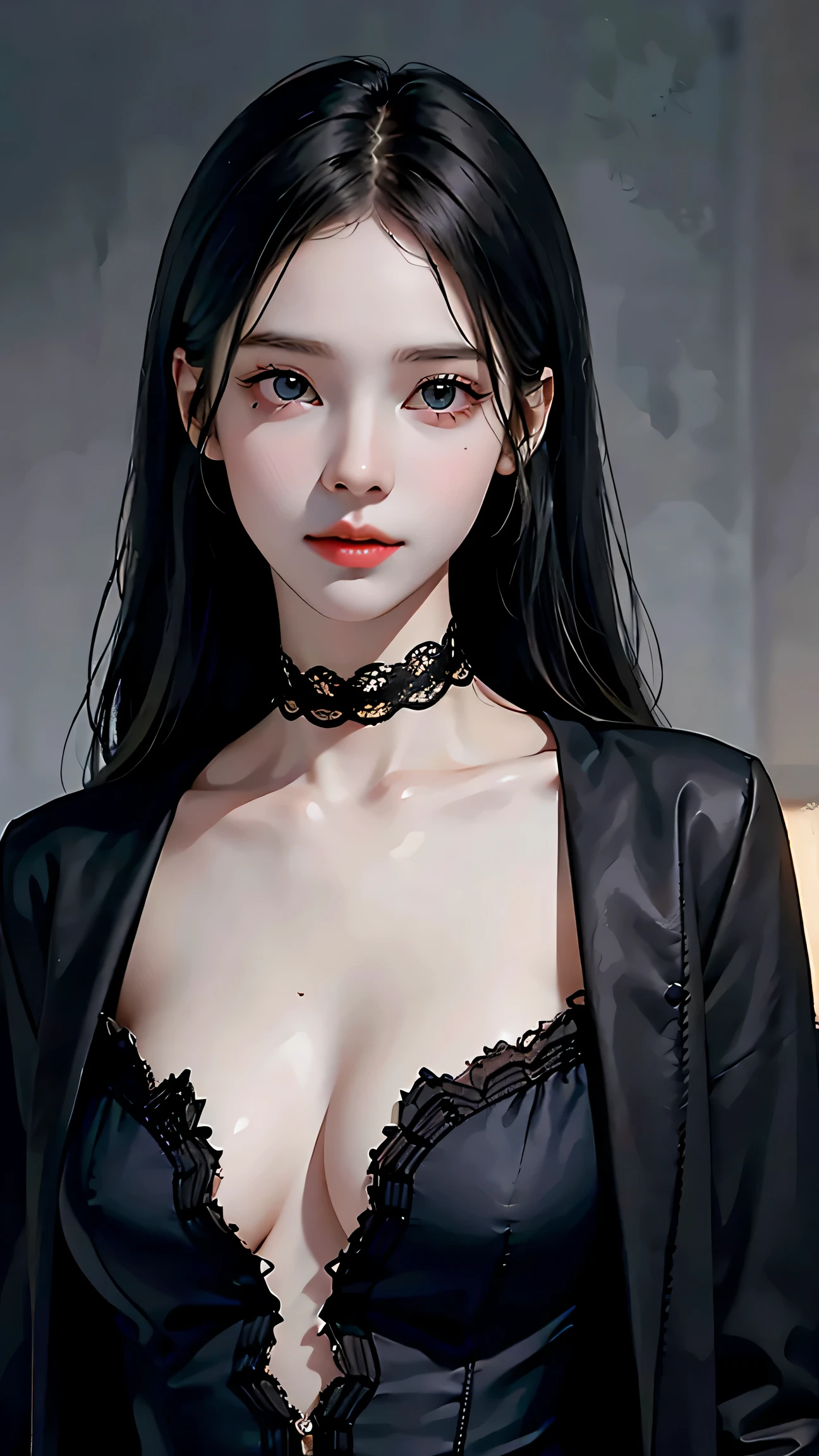 Beautiful girl with realistic black eyes, pale skin, long black hair, perfect face, perfect eyes, ((wearing a black coat)),((A tight lace dress with a plunging neckline)) very detailed, comprehensive movie, digital painting, 8K, cinematic lighting, highest quality, High resolution, well done!, Post-processing, perfect result, surreal,(((revealing clothes))),big breasts,choker, that'Transparent